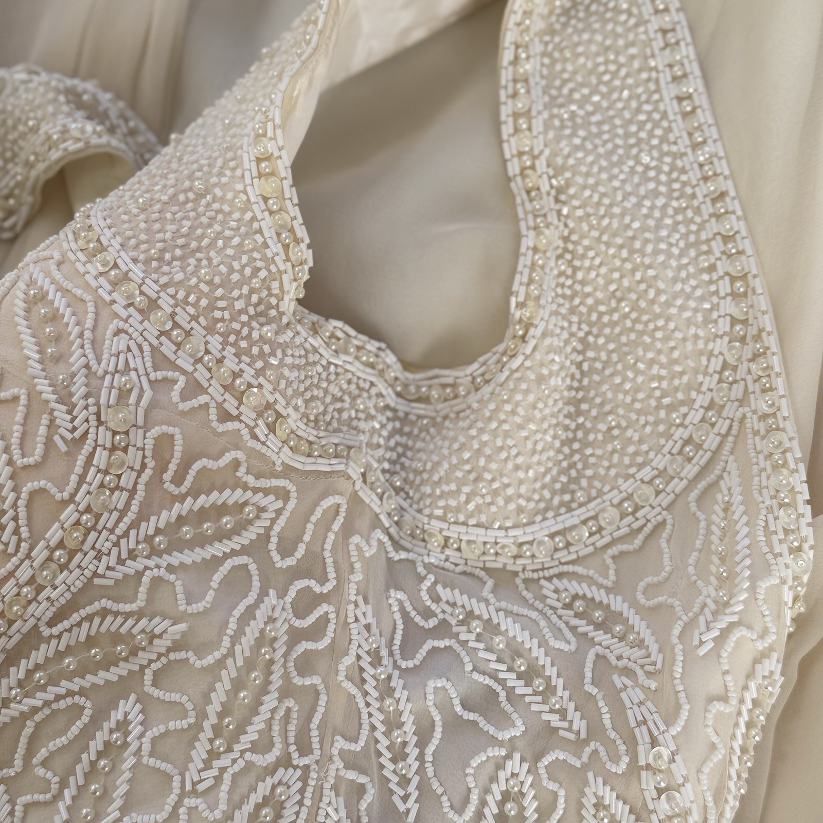 Vintage 100% Silk Cream Maxi Wedding Dress Bridal Wearable Art 80s Pearls Beaded