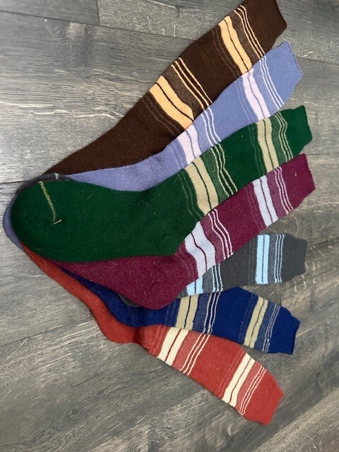 VTG 80s Striped Socks Sample Set NOS Mis Matched 7 pcs Red Brown Grey Blue Green