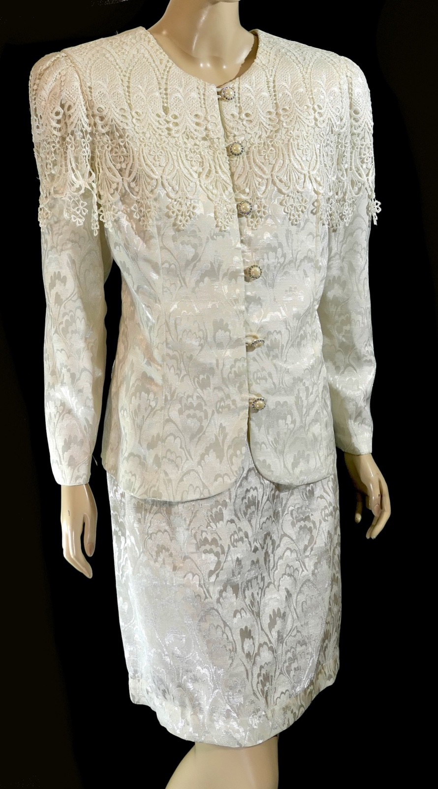 Size L White Vintage 80s Brocade Power Skirt Suit Set Rhinestone Dripping Lace