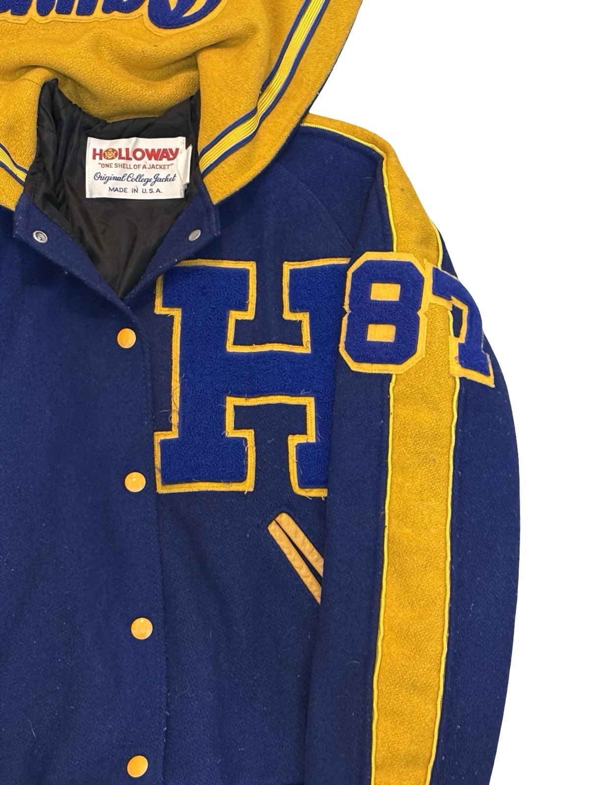1987 Holloway Wool Blend Varsity Cheerleader Letterman’s Jacket Blue and Gold