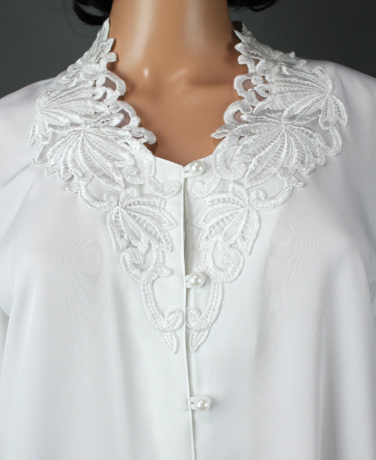 V Neck Blouse Sz 16 XL Vintage 90s White Peal Button Lace Accent Dress Shirt