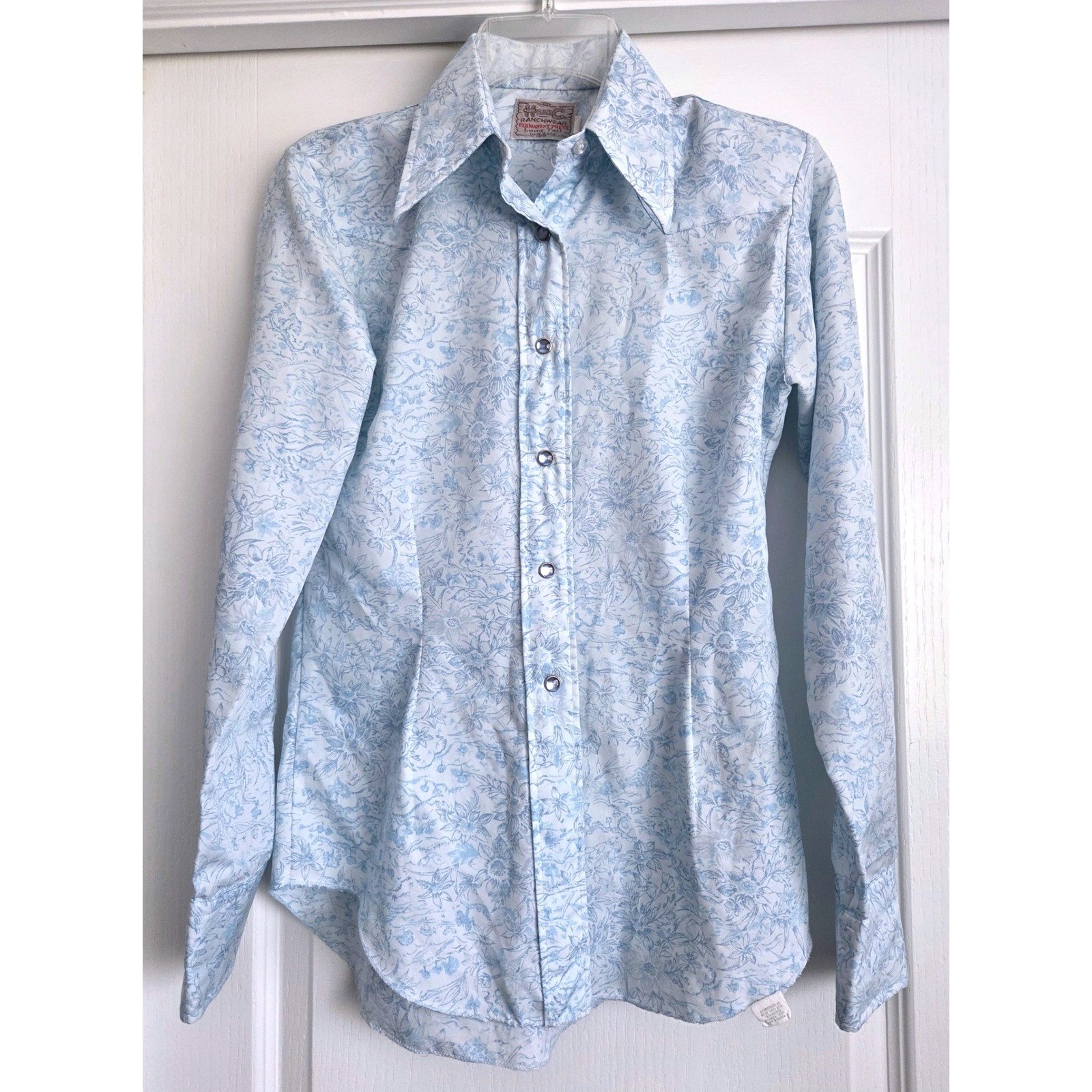VTG 70s H Bar C Ranchwear Blue Floral Toile Western L/S Pearl Snap Shirt Sz 32