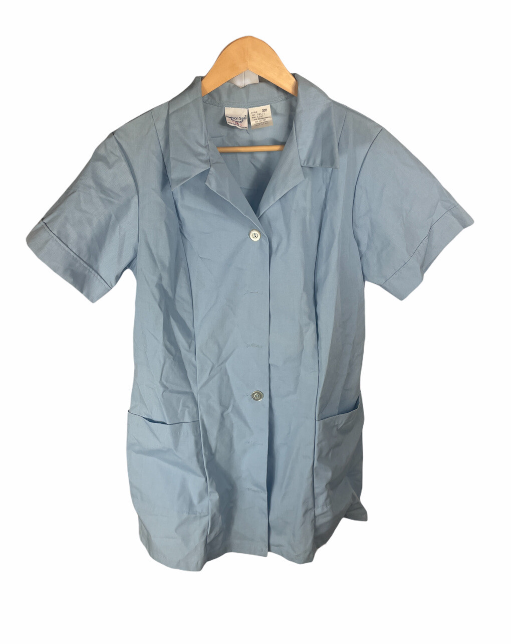 Vintage 70s Fashion Seal Shane Collared 2 Pocket Blue Nurse Scrub Shirt Size 16