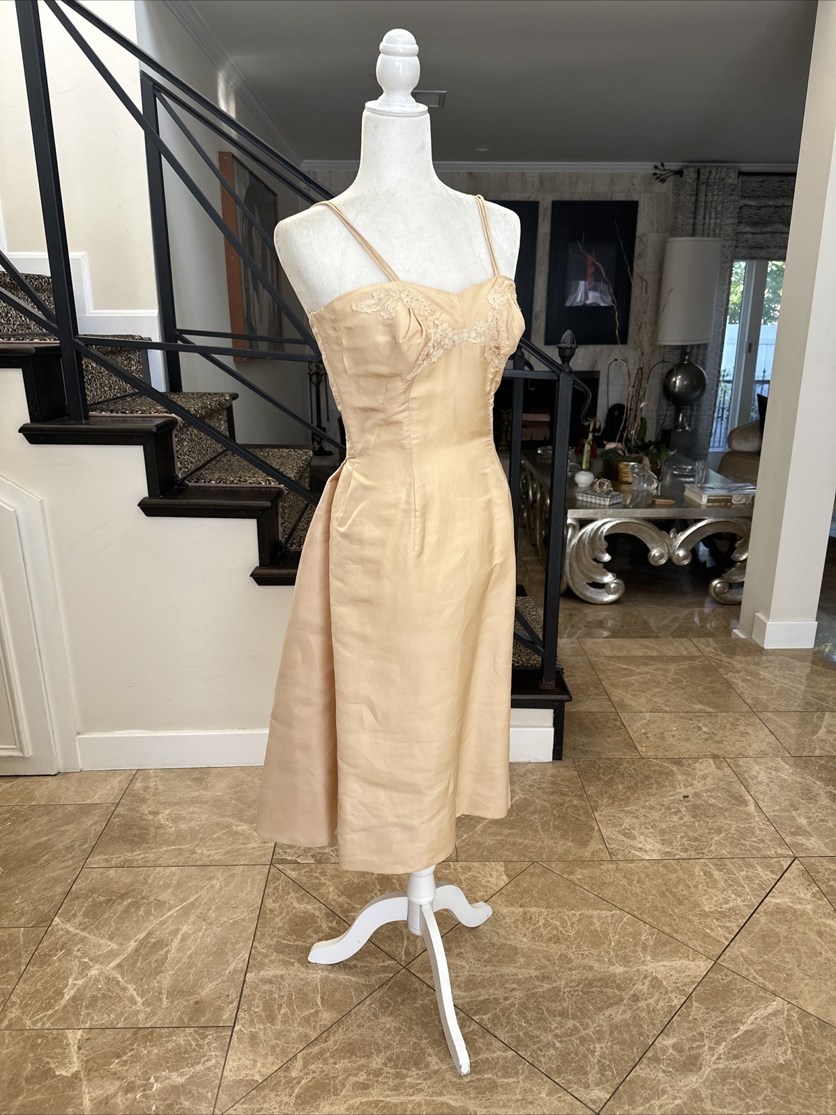 Vintage 50s Blush Nude Taffeta Bullet Corset Back Tails Wiggle Cocktail Dress S