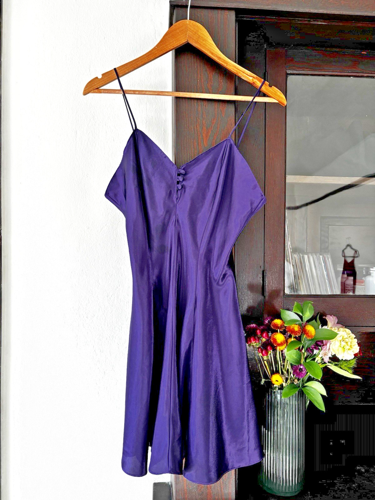 Shiny Romance Du Jour Purple Satin Vintage Slip Dress Flounce Skirt Size M USA
