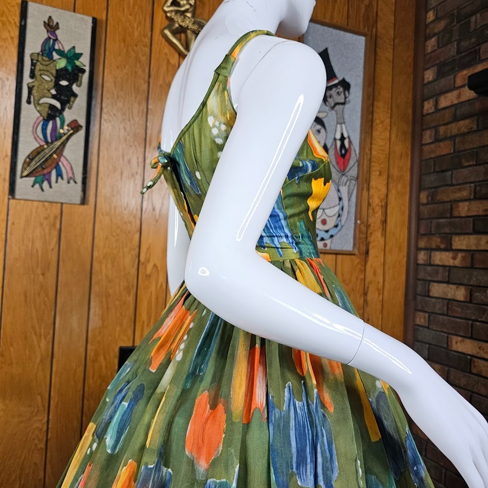 Vtg 50s Novelty Olive Paint Splatter Voile Circle Skirt Party Prom Dress XS/S P