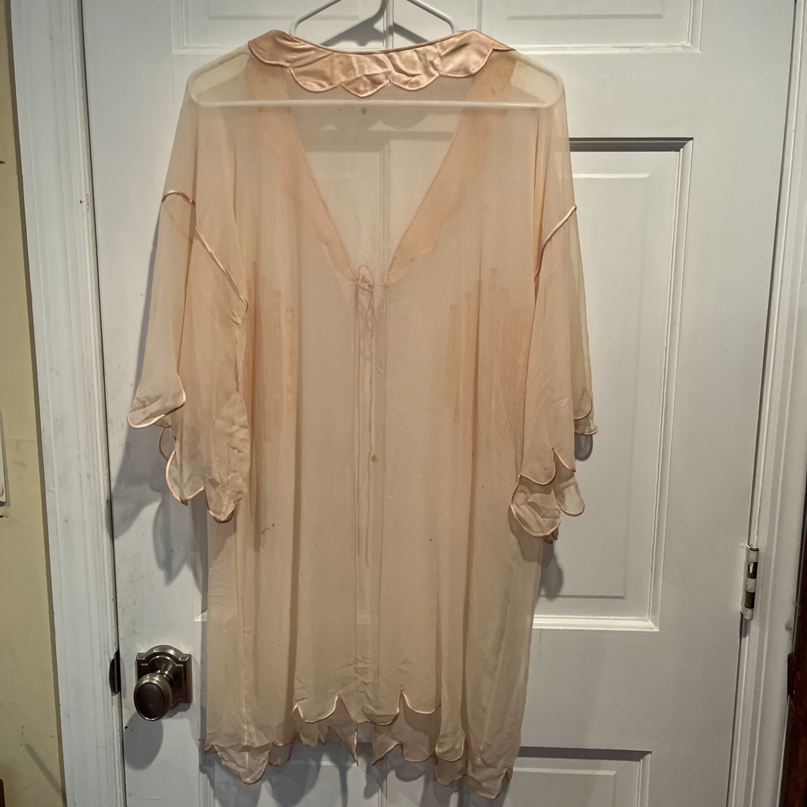 Antique 1920s Pink Silk Chiffon Peignoir Dressing Robe Satin Art Deco Lingerie