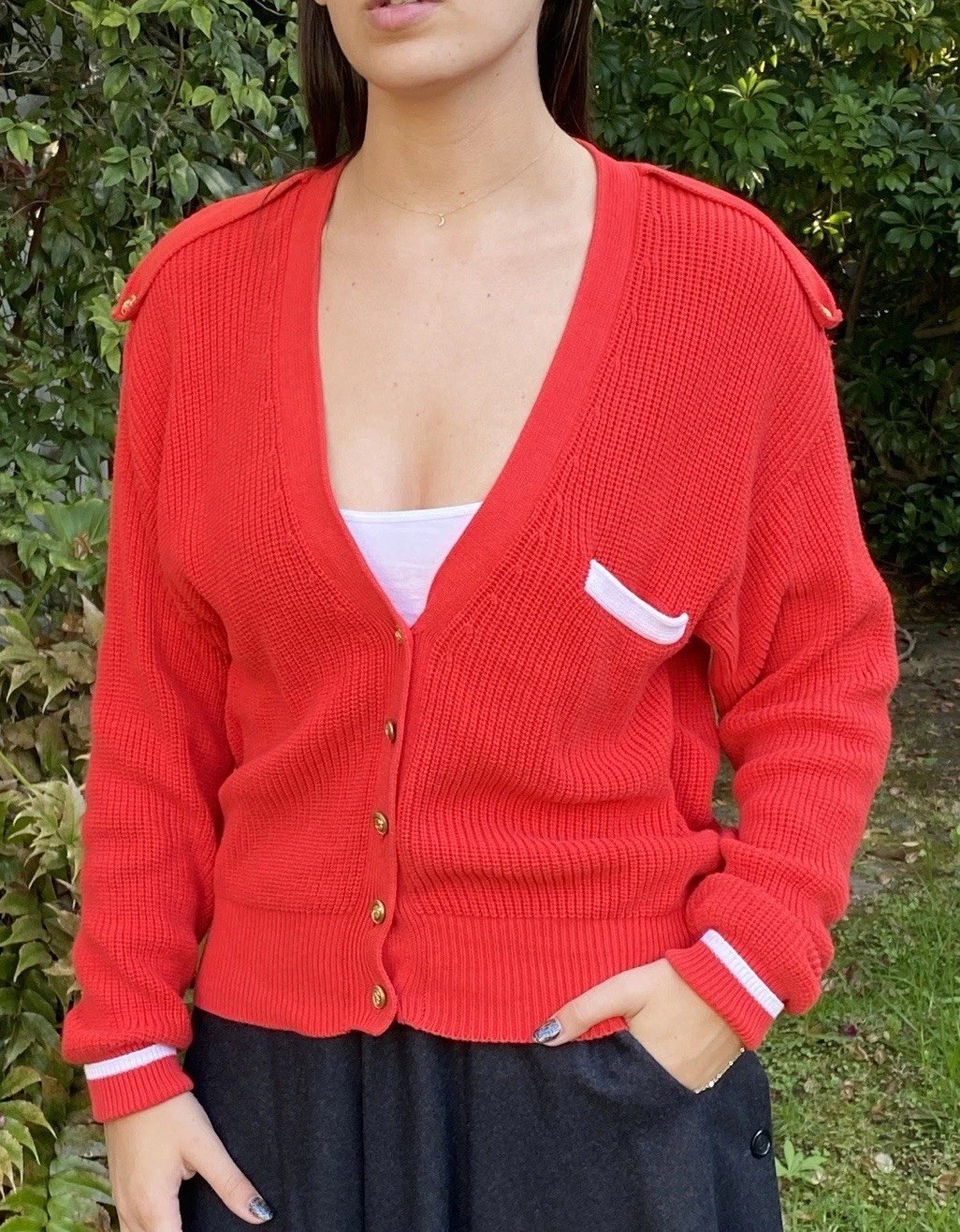 Vintage 70s Pringle S 100% Cotton Sweater Red Nautical Cardigan military