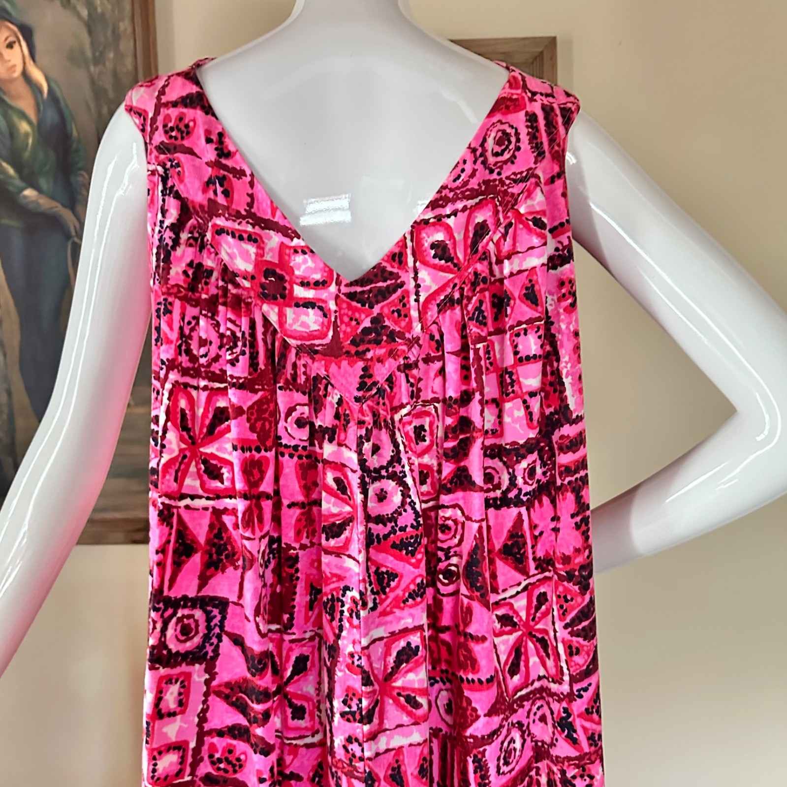 VTG 1960s Pink Hawaiian Tapa Print Watteau Dress Polynesian Tiki Barkcloth S