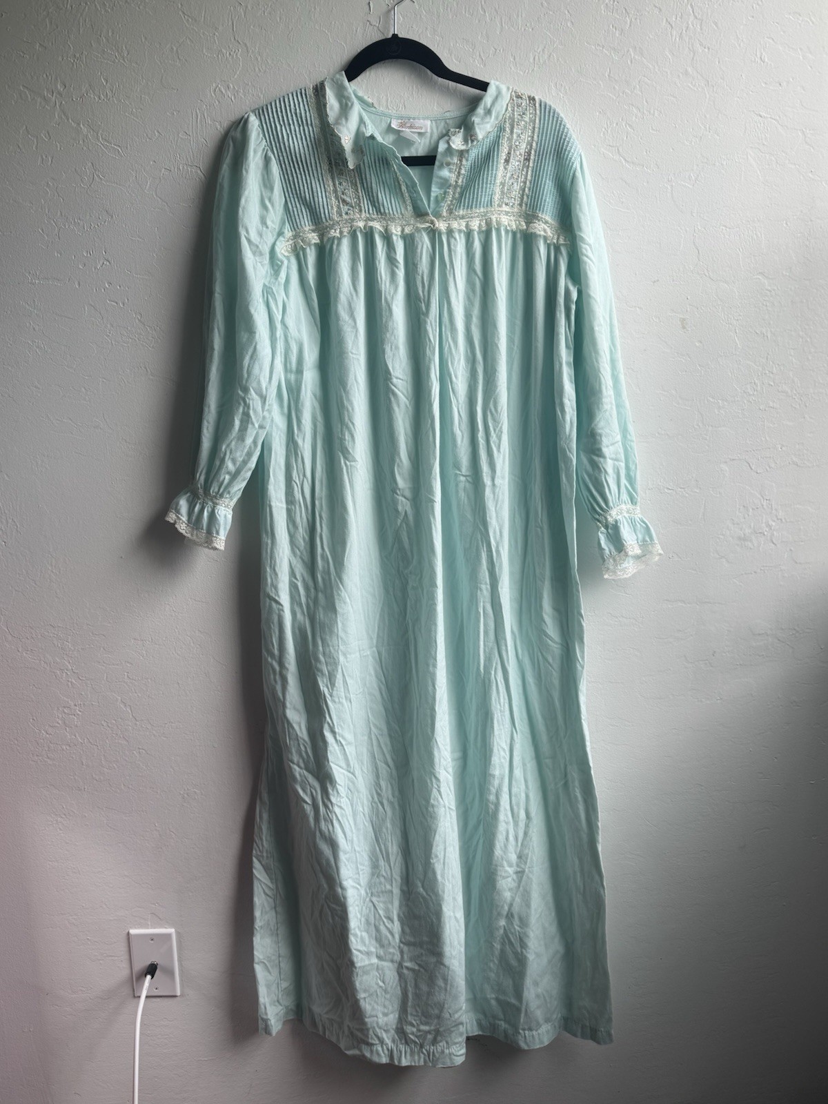 Barbizon 1970s vintage light blue nightgown with lace trim and button-up front