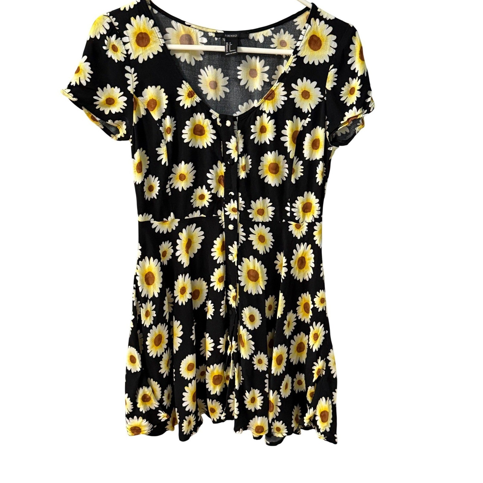 Forever 21 Sunflower Skater Dress SZ S 90’s Retro Short Button Front Rayon