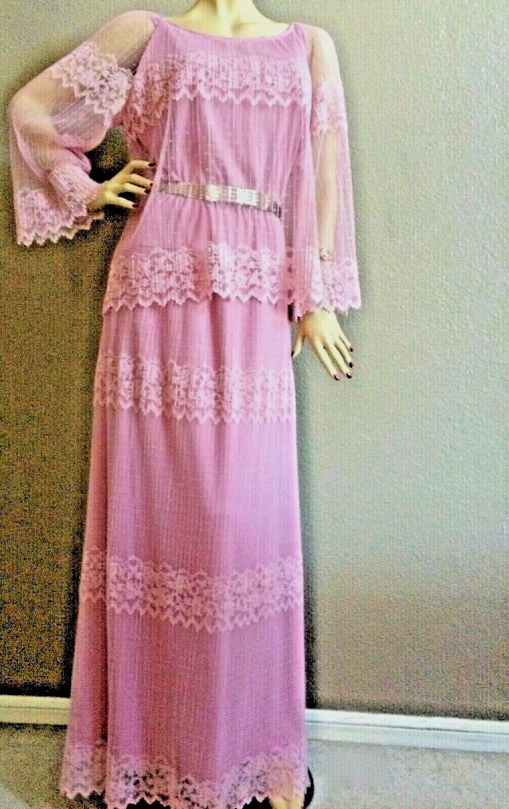 VTG 70s Pink Lavender Sheer Lace Floral Formal Evening Maxi Dress