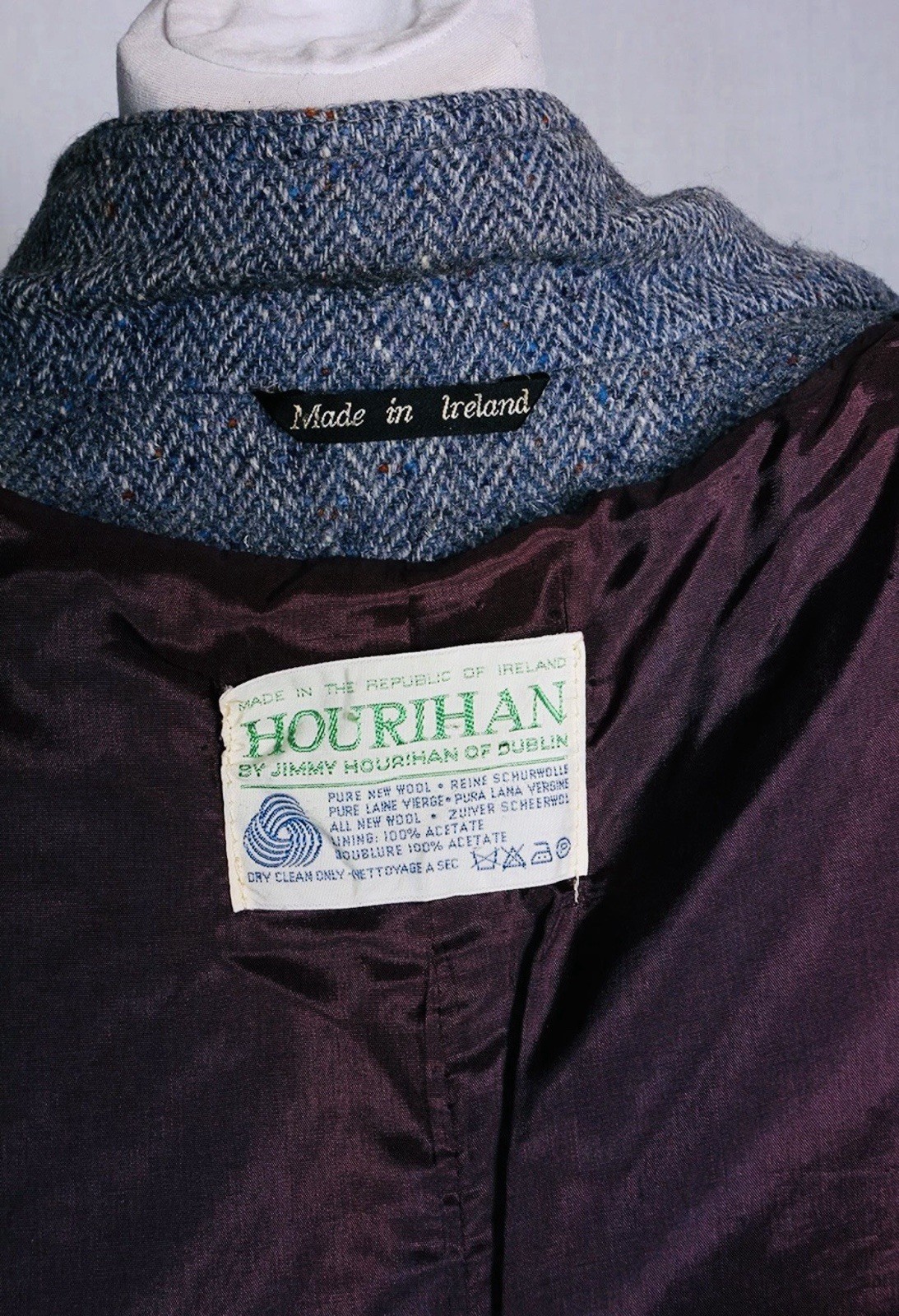 Donegal Tweed Jacket Blazer Wool Vintage Blue Grey Hourihan Dublin Leather