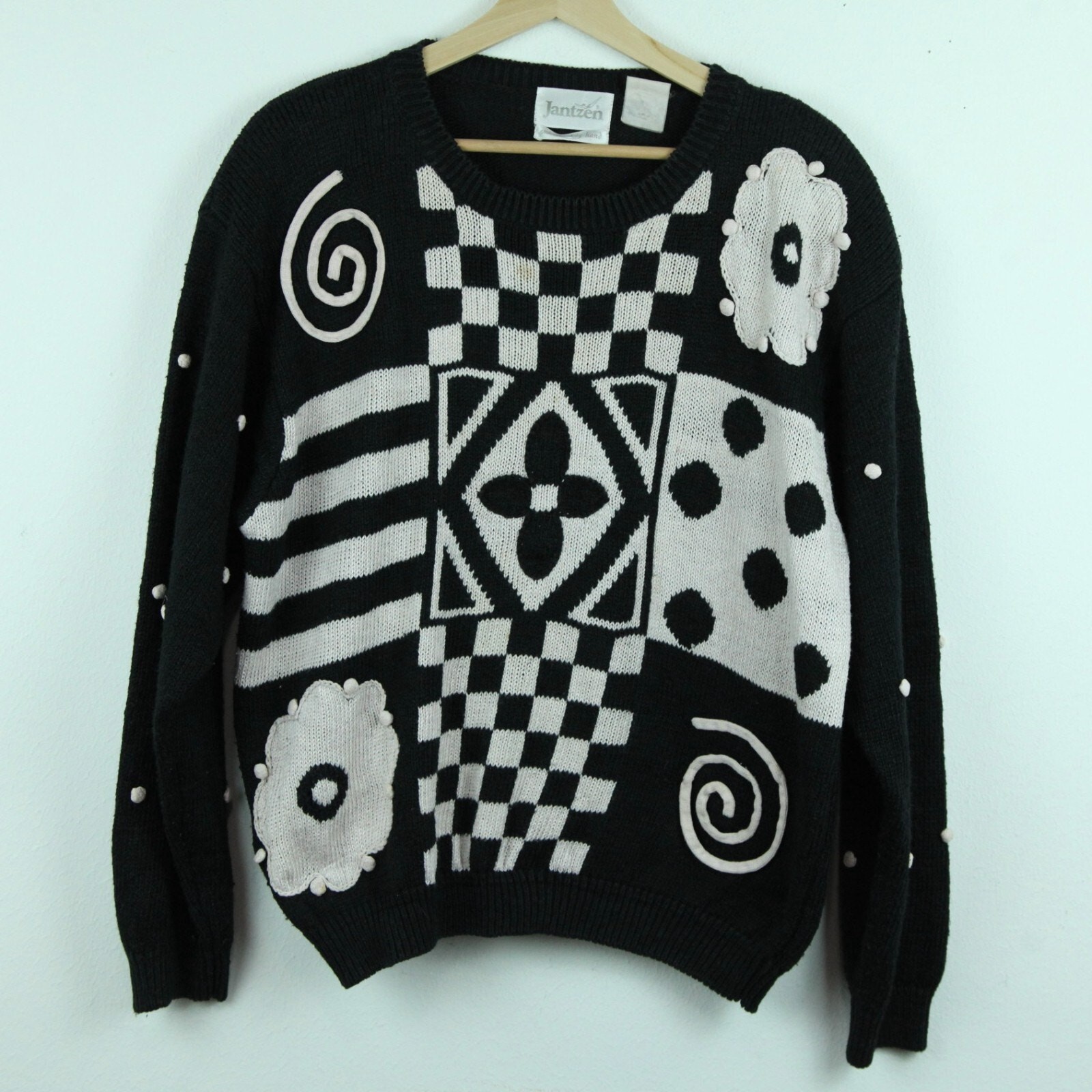 Vintage Large Sweater Pullover Op Art Maximalist Funky Floral Checkerboard 90s