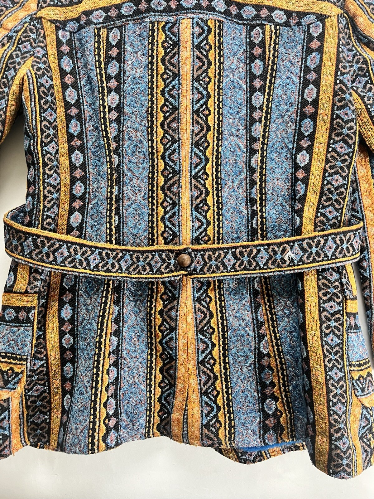 1970s Coat Colorful Tapestry Carpet Jacket Belt Toggle Button Amazing Aztec
