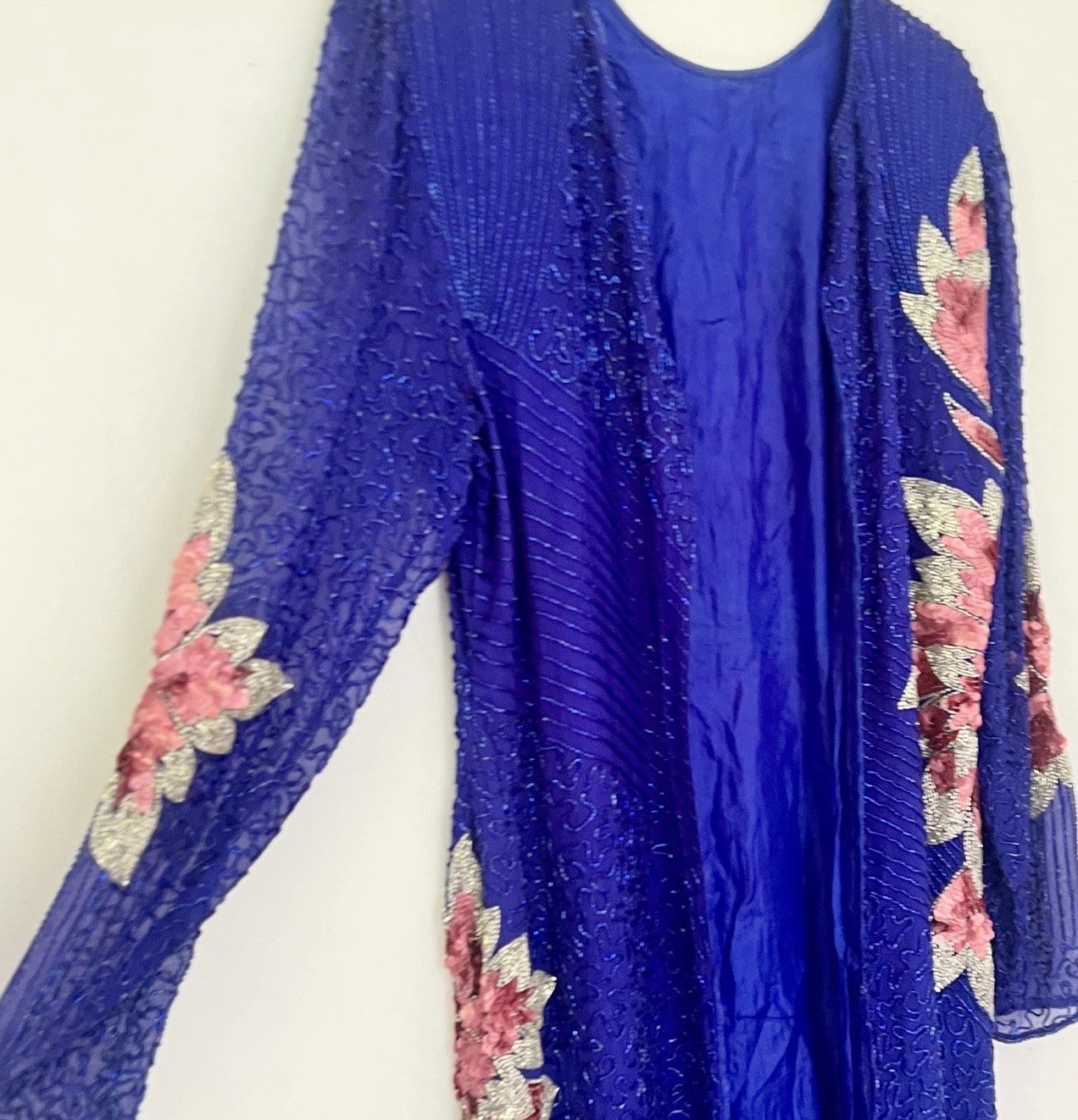 Vintage 80s Cobalt Blue Pink Silk Beaded Floral Maxi Duster Jacket Sequin
