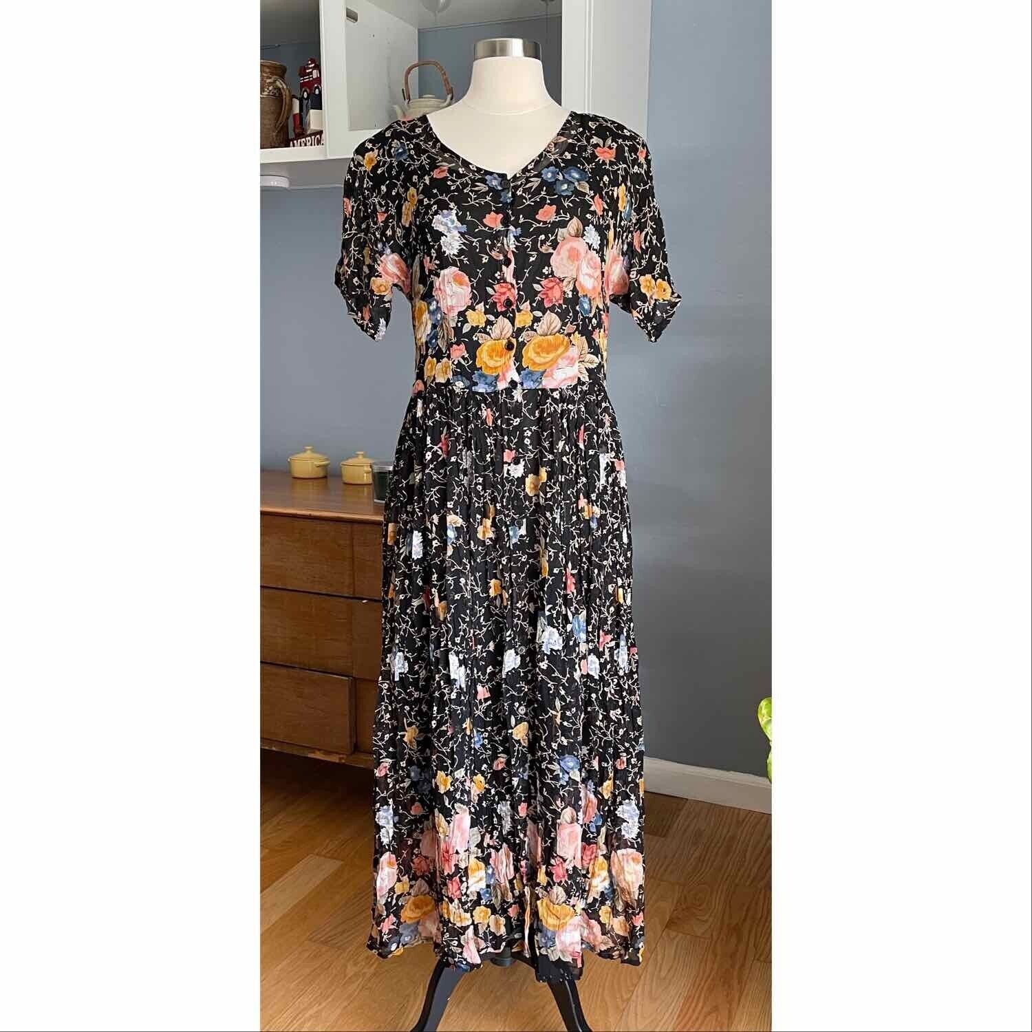 Vtg 90’s Papillon Modest Cottagecore Grunge Crinkle Floral Midi Dress Boho M
