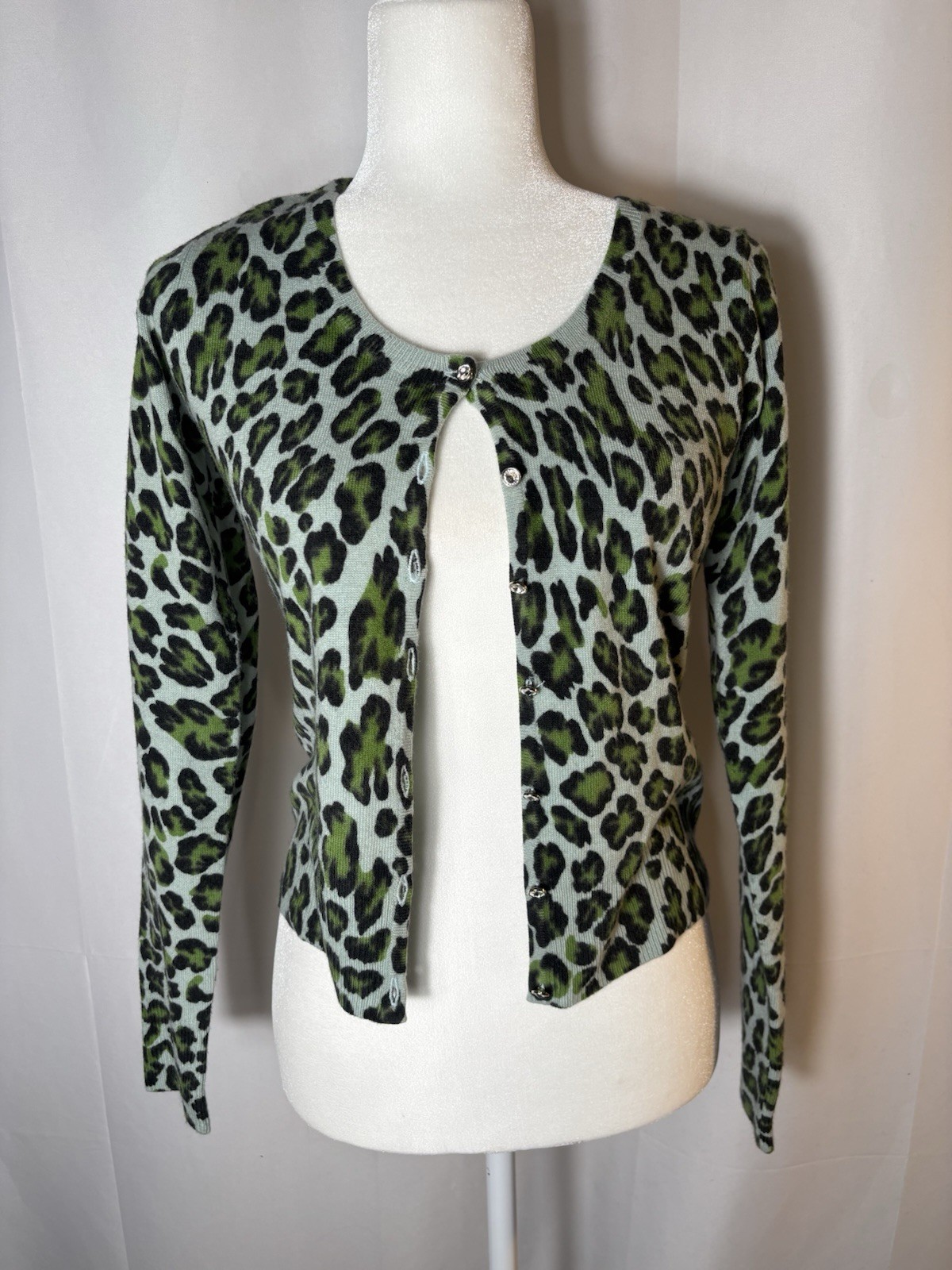 Vintage Betsy Johnson Leopard Print Cardigan Y2K Rhinestone Buttons Green S