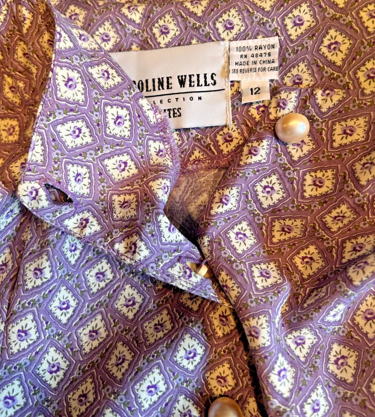 Vtg 90s Caroline Wells Wo’s 12 Midi Purple Floral Dress Button Front Cottagecore
