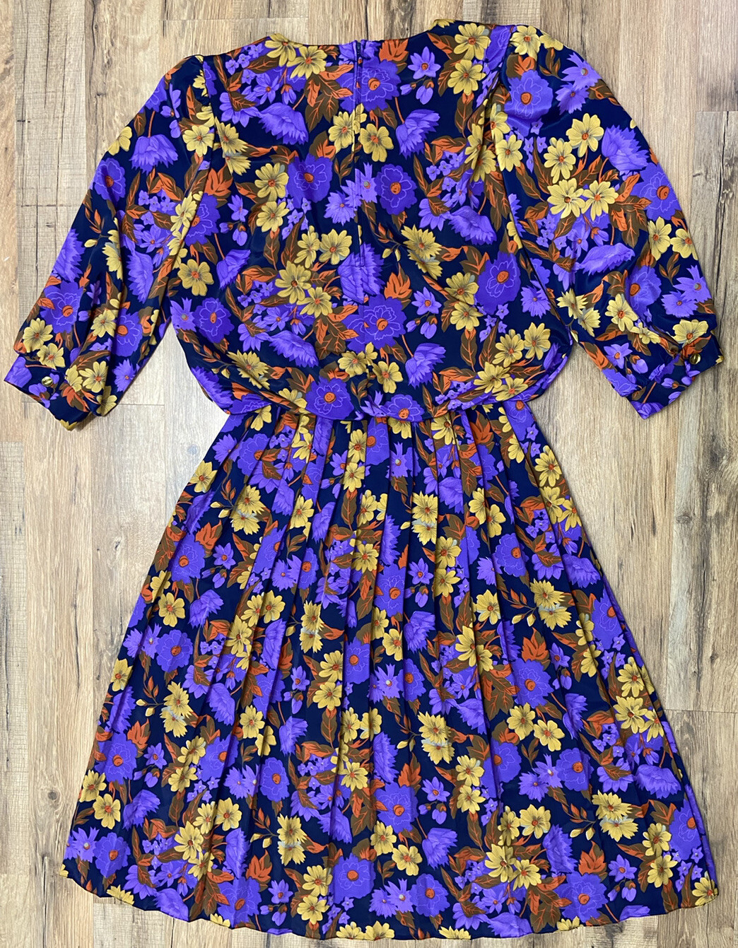 Vintage Shelly Michaels Purple Yellow Floral Pleated Blouson Dress Women’s 15/16