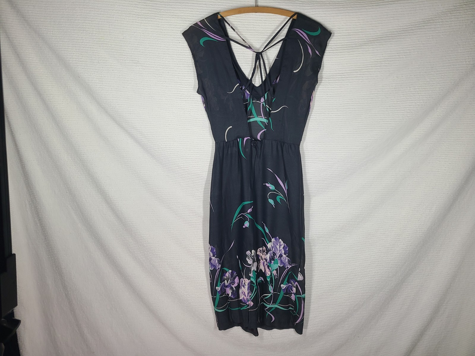 1970s Black Iris Dress Strappy Back Disco Rayon Crepe Malibu Media Vintage Rare