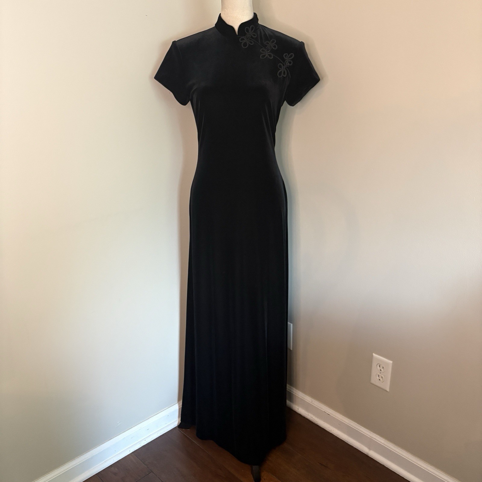VTG 90s Rhapsody Black Velvet Maxi Evening Dress Cheongsam Mandarin Collar Sm 6