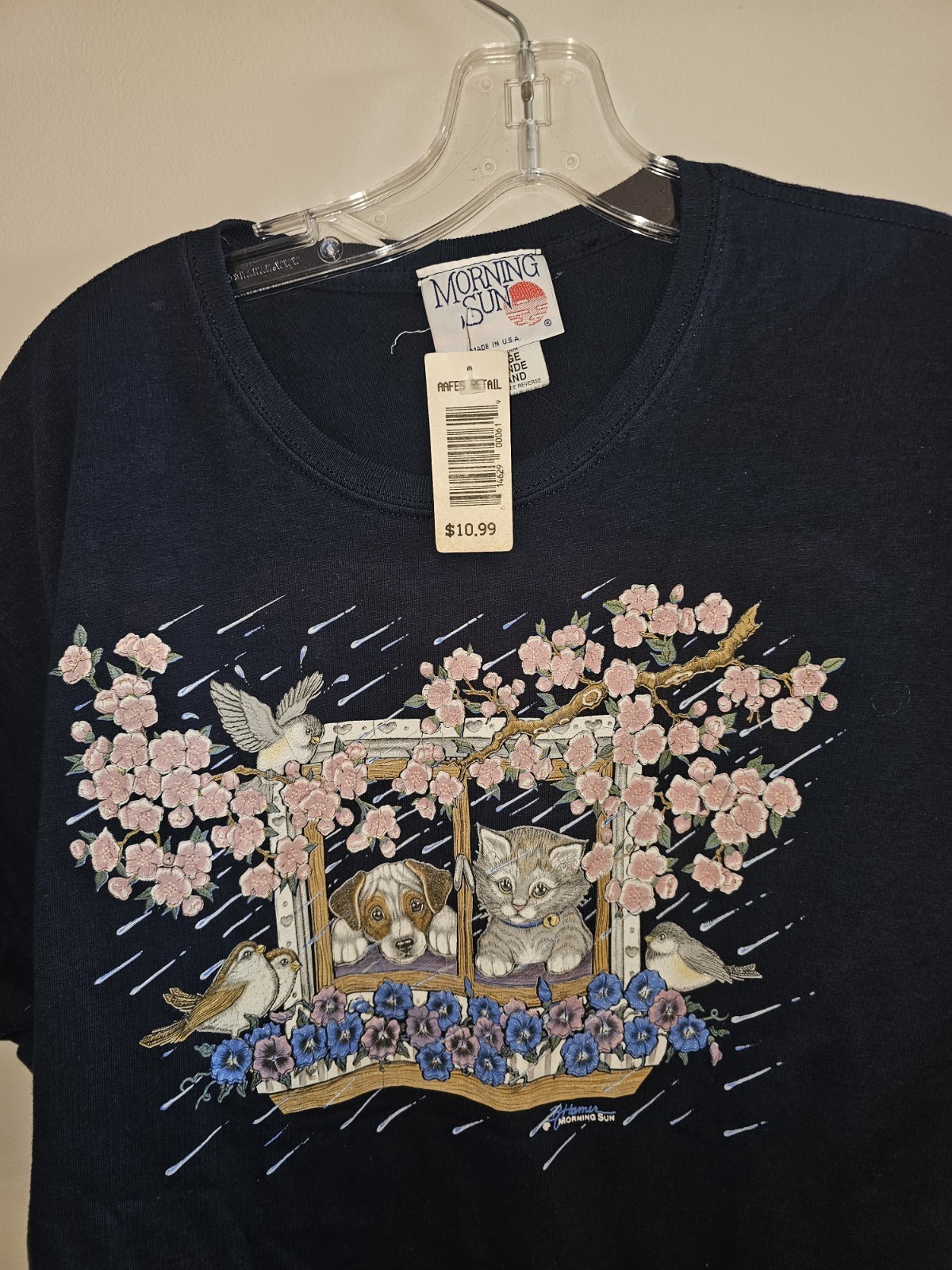 Vintage NWT Deadstock Kitty Puppy Large Womens Blue Graphic Logo Tshirt