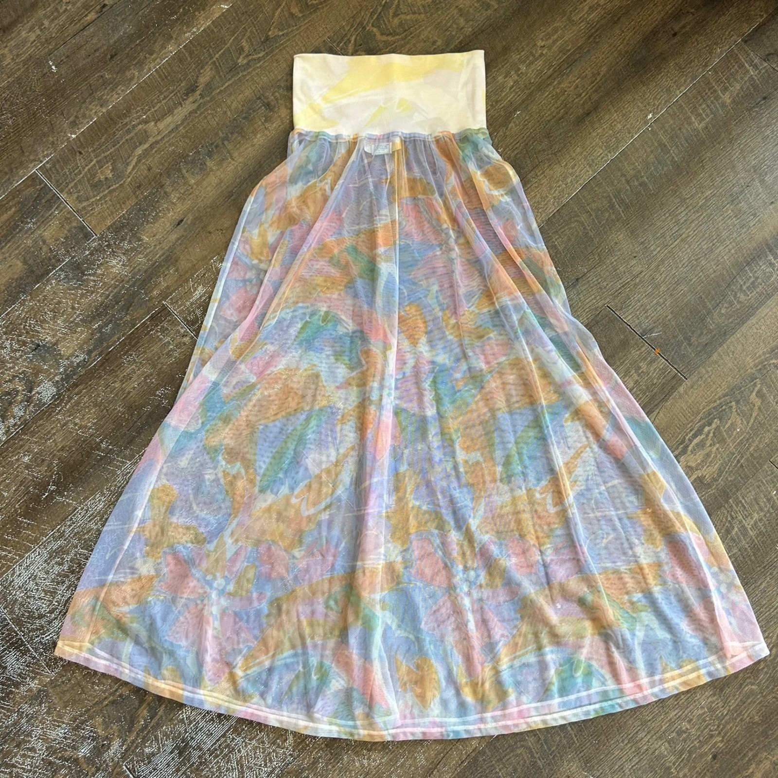 Body Wrap Vintage Mesh Maxi Skirt Abstract Watercolor Multicolor Sheer Size M