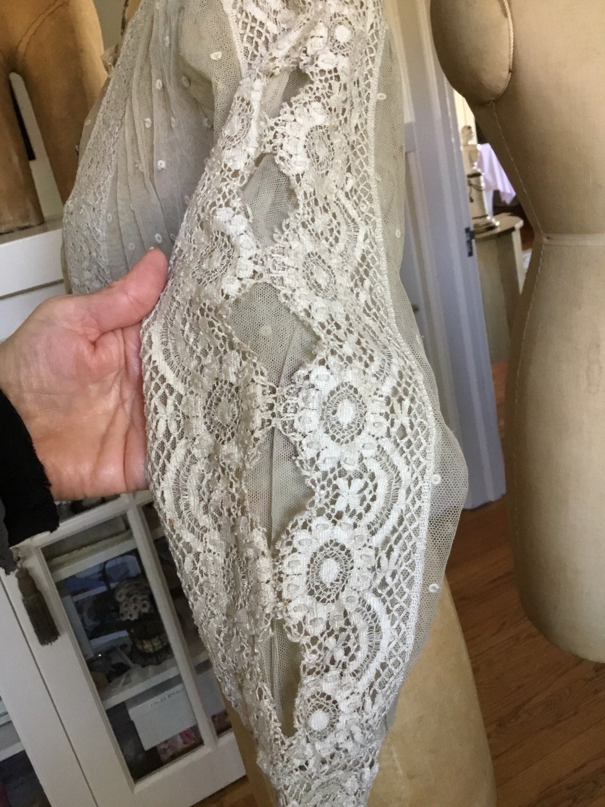 Antique Vintage Edwardian Victorian Net Blouse Lace Detail Ecru Student AS IS