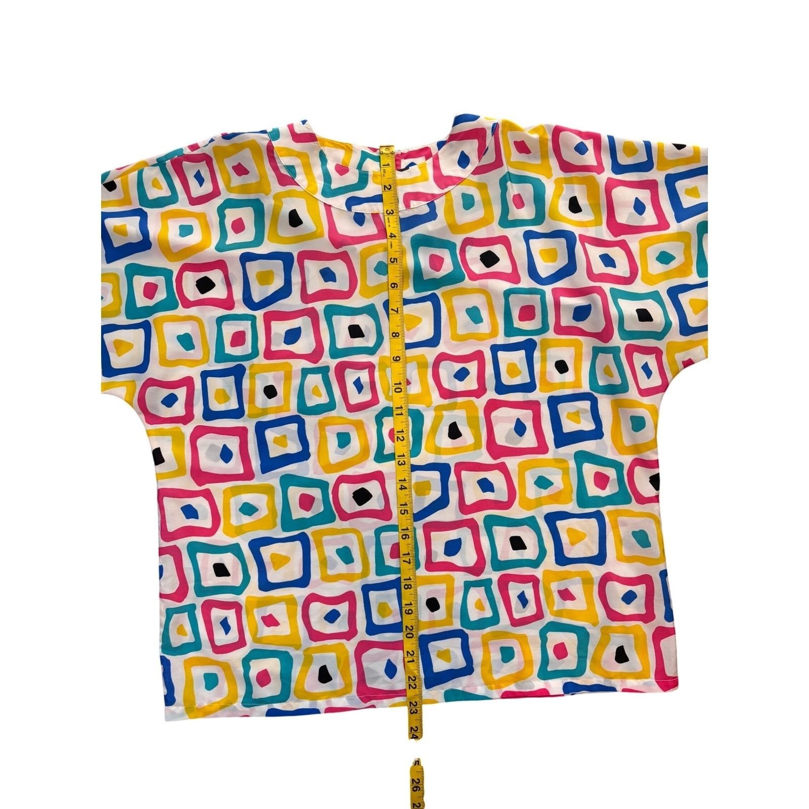 Geometric Square Print Blouse Women M Multi-Color 80s Retro Top Vintage