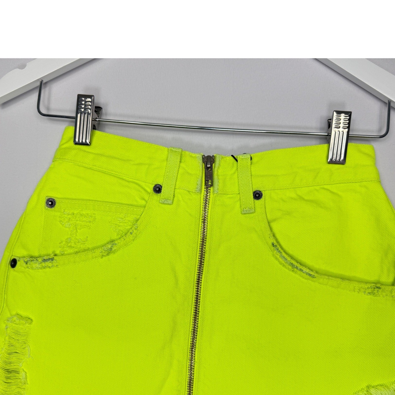 Carmar Los Angeles Neon Yellow Distressed Denim Mini Skirt Size 25 NWT