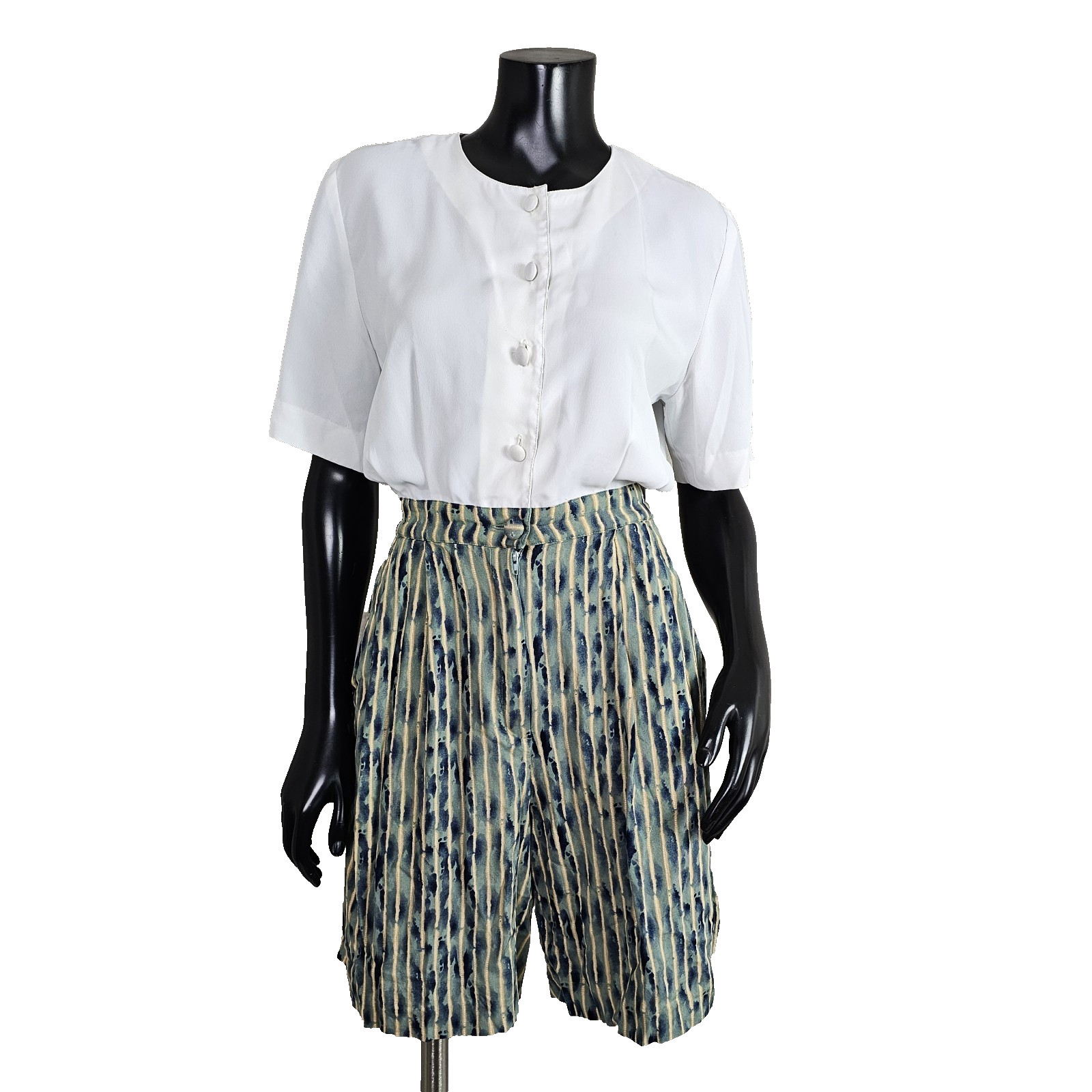 Vintage 90s RJ Stevens 8P White Button Top Green Striped Romper Shorts Causal