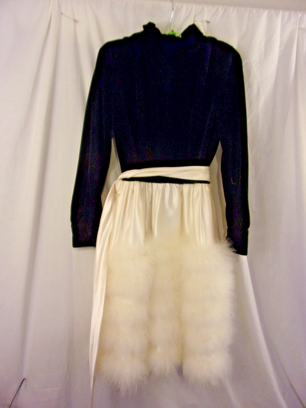 Vintage 1960S Lori Till Black Velvet White Satin Marabou Feather Cocktail Dress