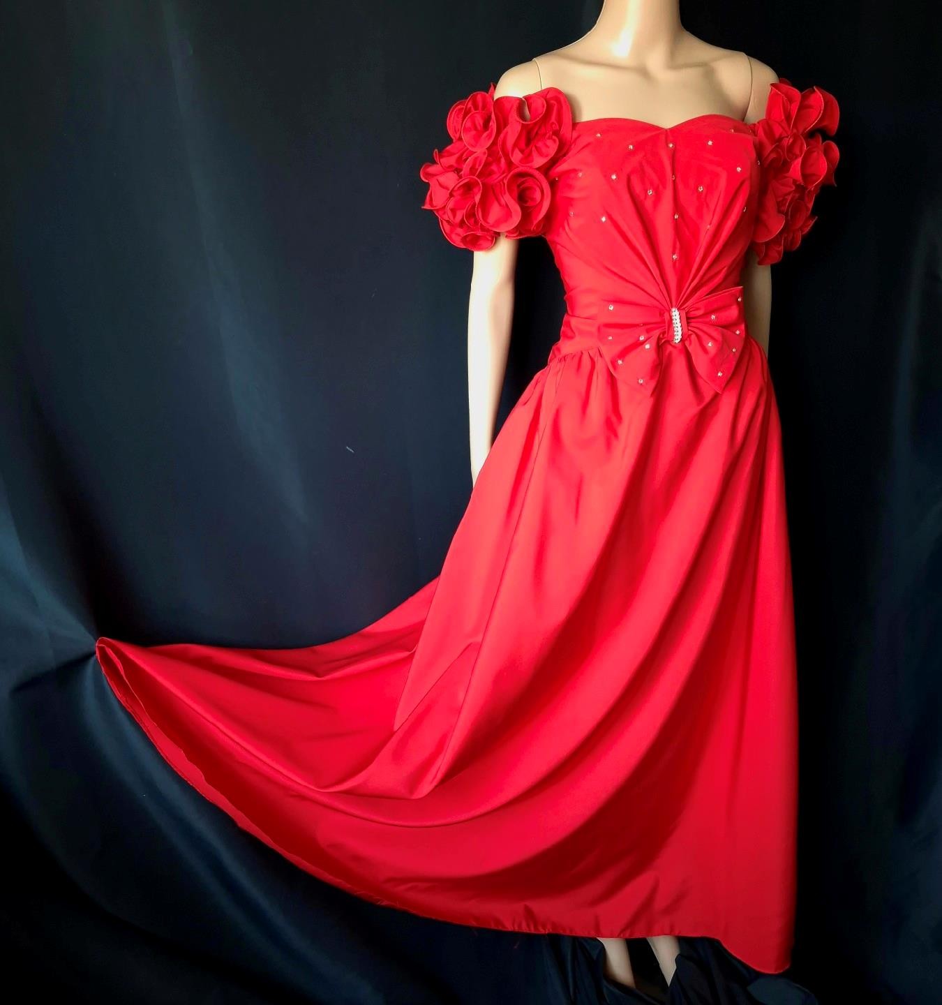 SOUTHERN BELLE BOHO 1970s Vintage Ruffled Puff Sleeve RED MAXI PARTY DRESS GOWN