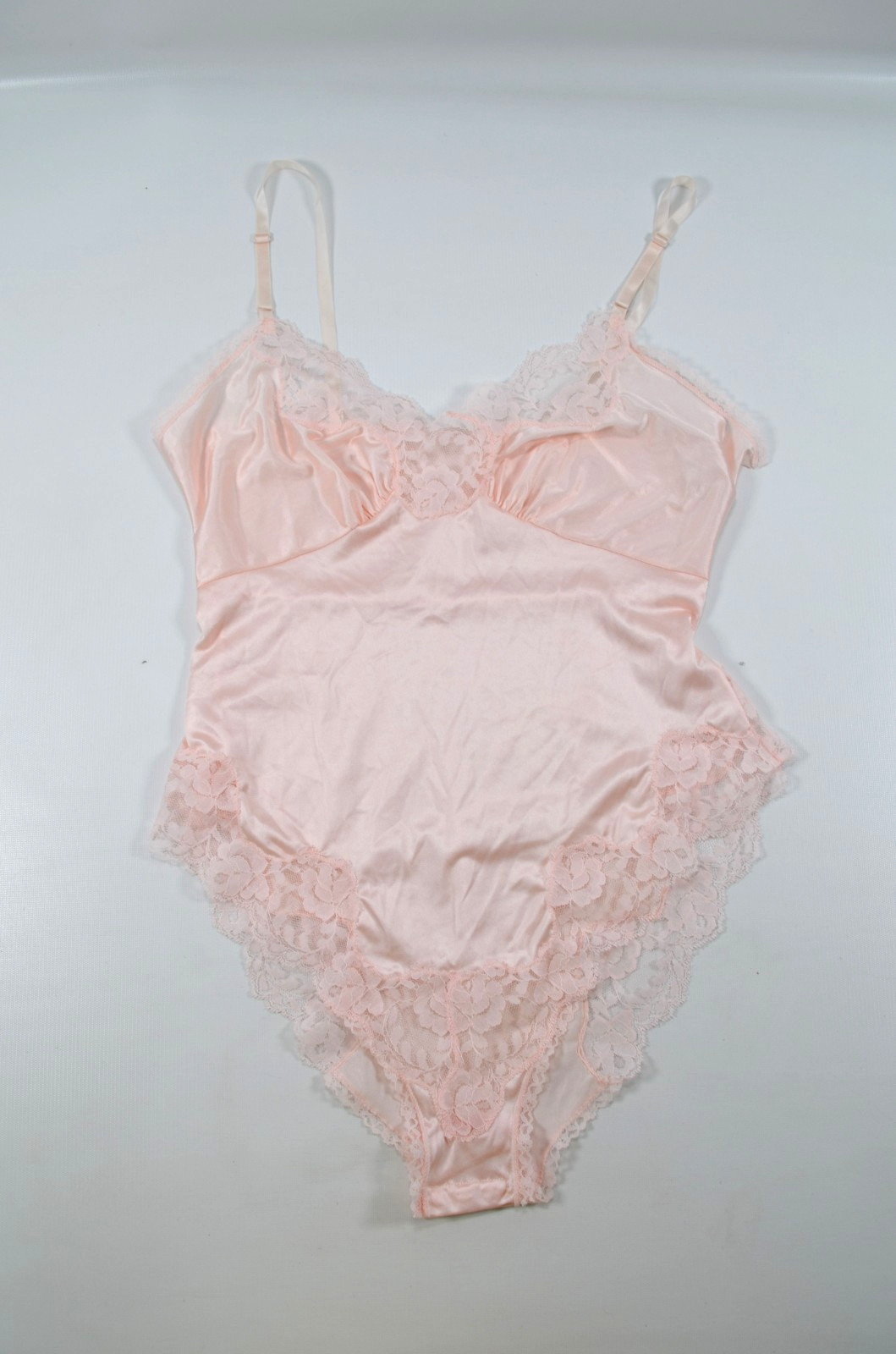 Vintage Teddy Pink Lace Ruffle Sheer Antron III Nylon One Piece Lingerie Size M