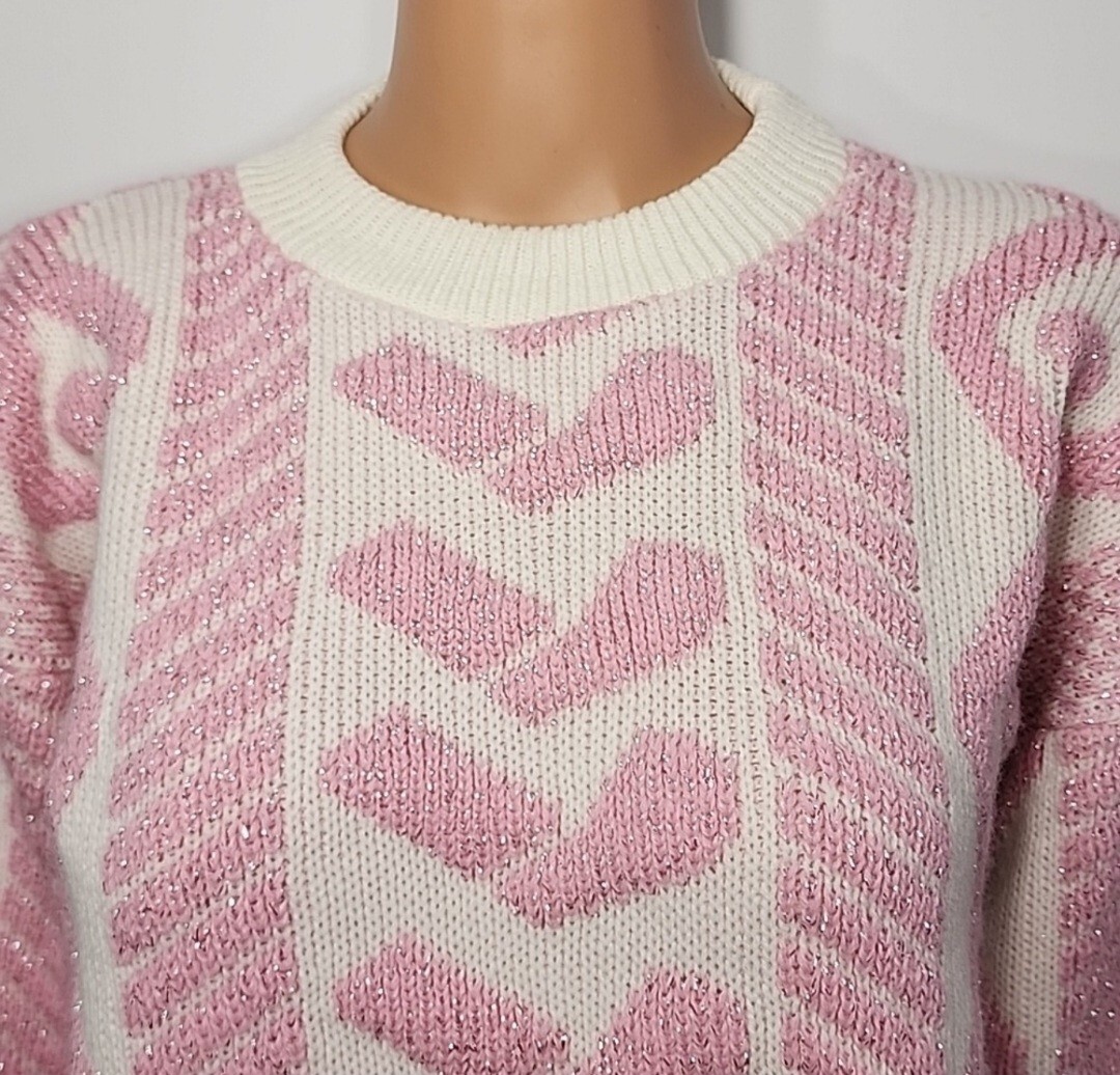 Spunky Metallic Pink/White Sweater Womens S/M Mock Neck Hearts print Knit Top