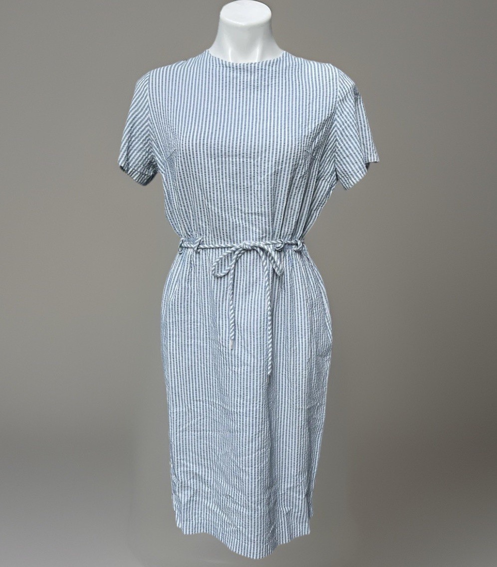 VTG Sears Dress Blue White Seersucker Belt Loops Short Sleeve Knee Length Med/L