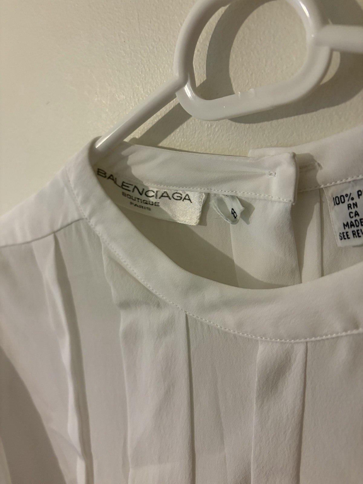 Vintage 80s Balenciaga Boutique Paris Silky White Pleated Blouse Size 8 Rare