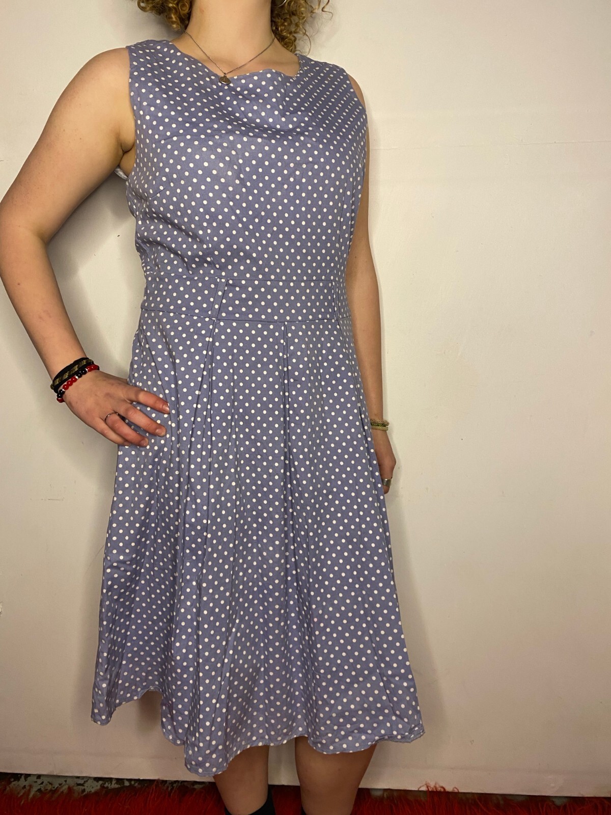 Vintage 1980s Pale Blue Polka Dot Box Pleat Party Sun Dress AU 14