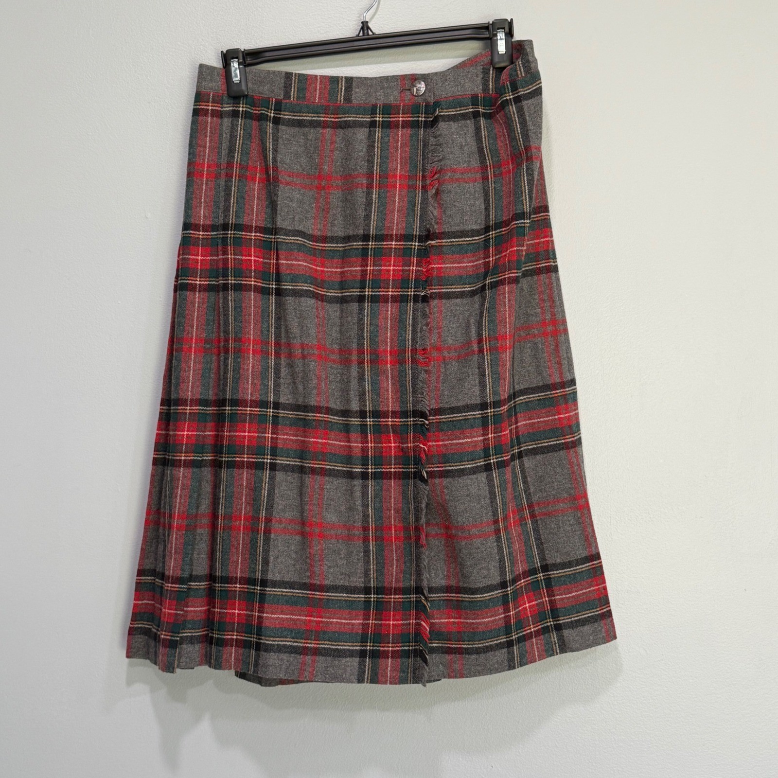 Vintage dark academia Plaid Kilt Skirt Grey Red Green Pleated Wrap Midi Womens