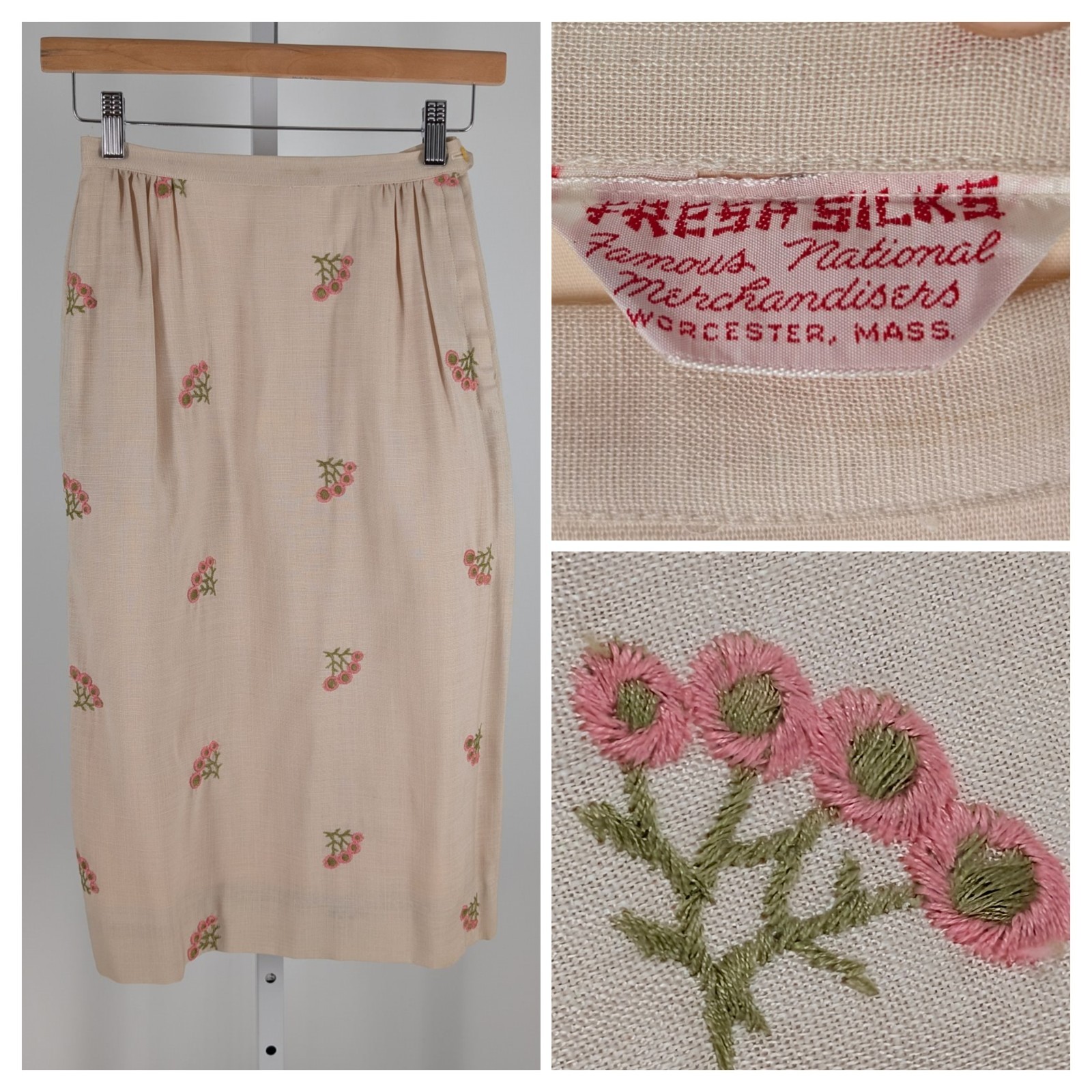 Vintage 50s Fresh Silks Skirt Embroidered Floral Pencil Linen Cream Worcester 24