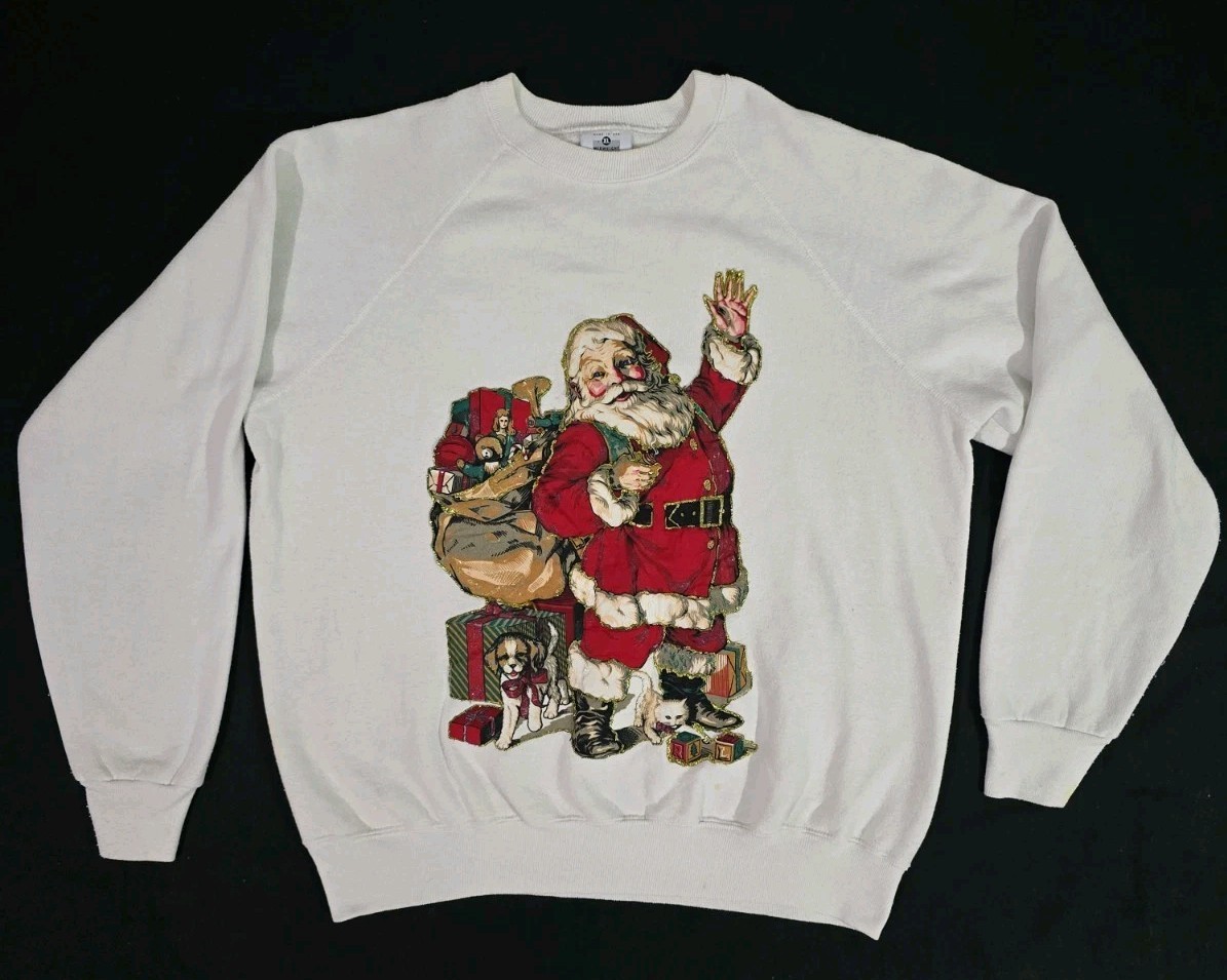 True Vintage 90s SANTA CLAUS Ugly Christmas Glitter Graphic White Sweatshirt XL