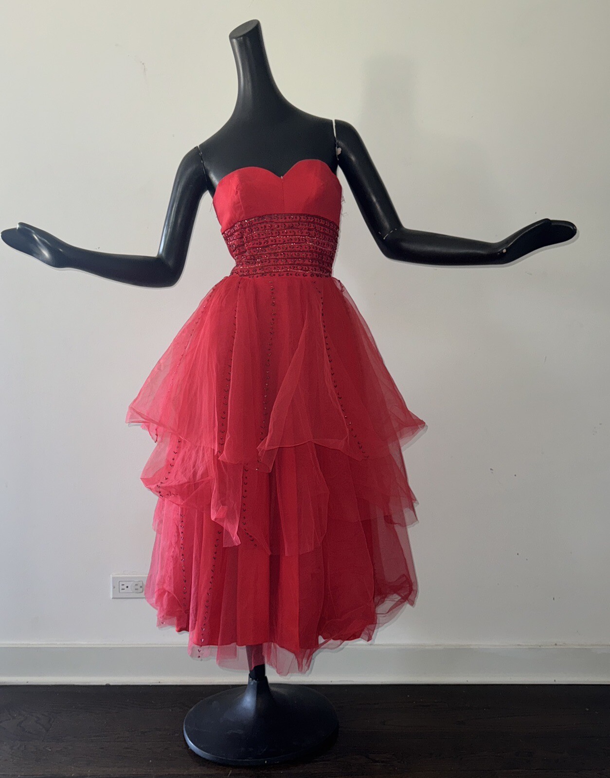 Vtg 50s Dress XS Tomato Cherry Red Tulle Beaded Strapless Rockabilly Formal Prom