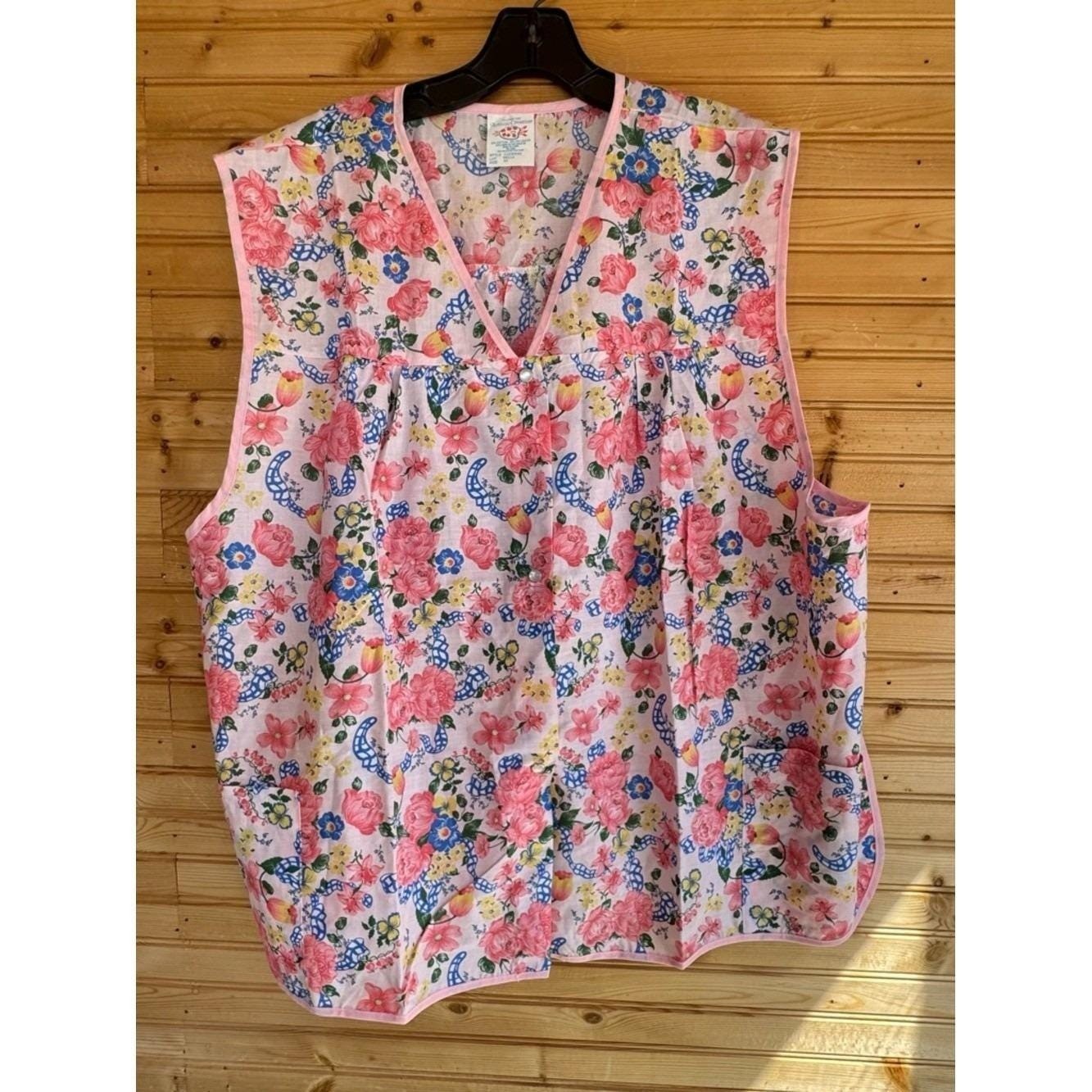 VTG Art Smock 4X Another Fine Artistic Creation Floral Pink Trim Pearl Buttons