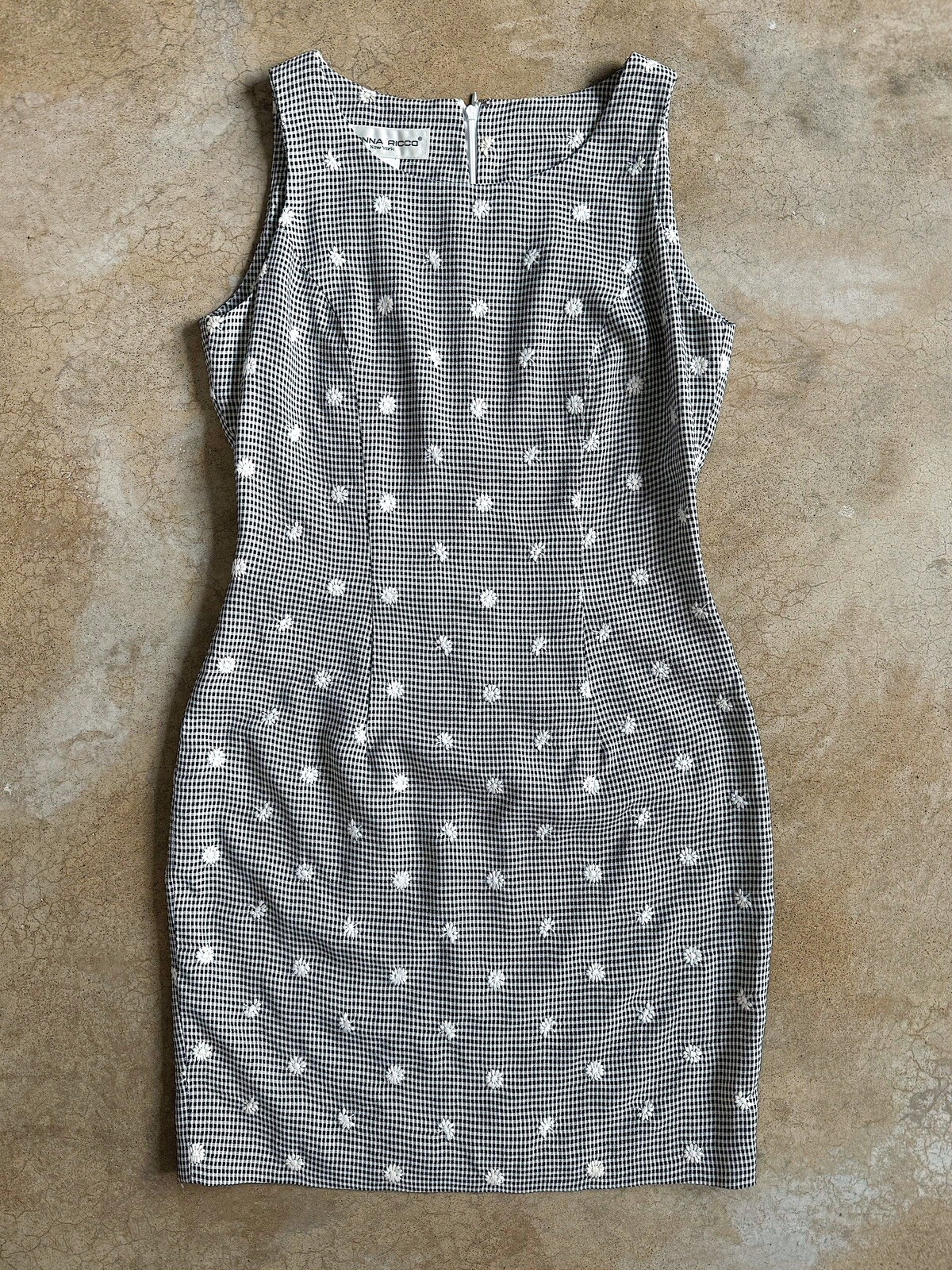 Vintage 90s Donna Ricco Gingham Floral Embroidered Sheath Dress Size 8