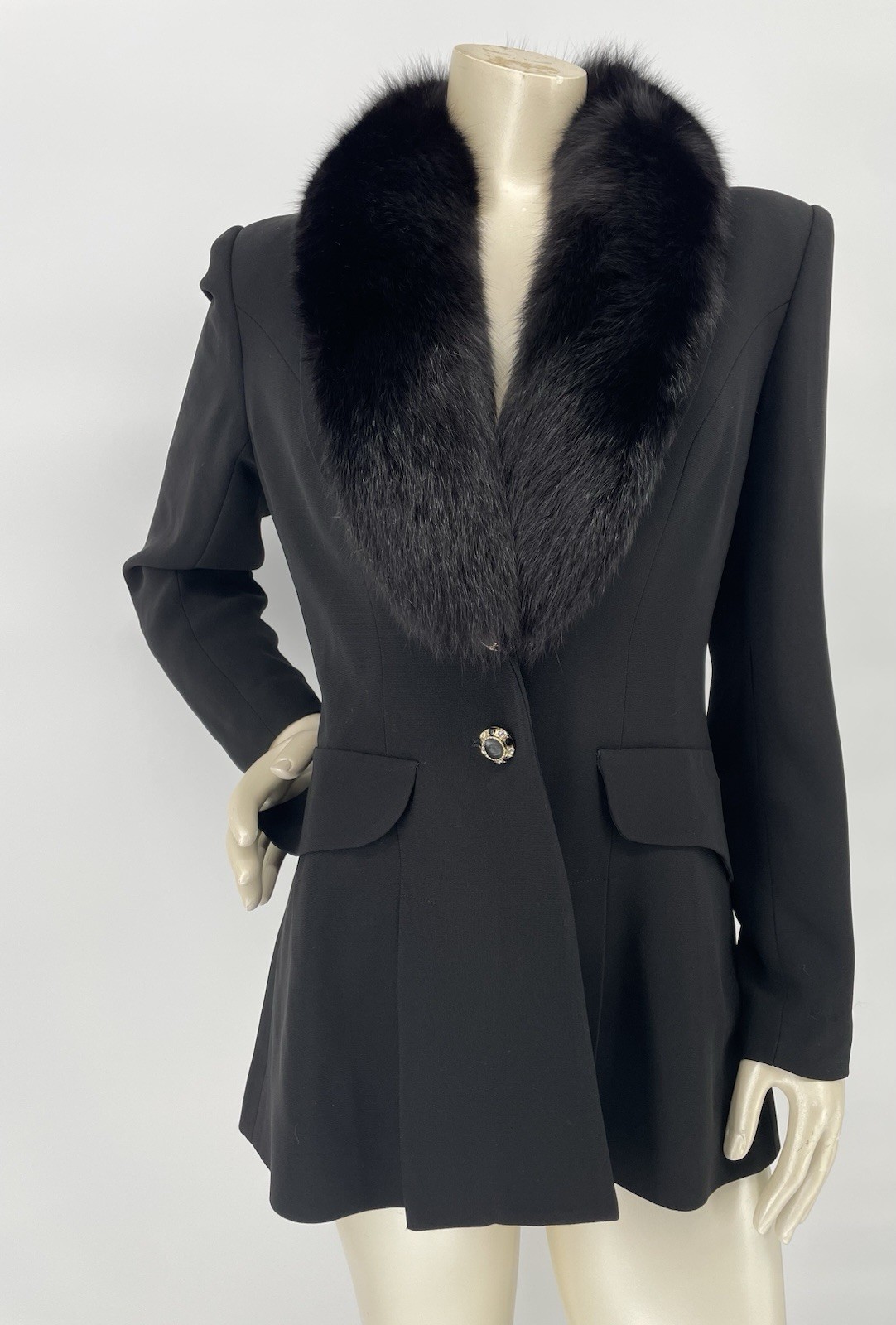 Vintage 90s Alberto Makali Black Fox Fur Collar Power Shoulder Blazer Jacket sm