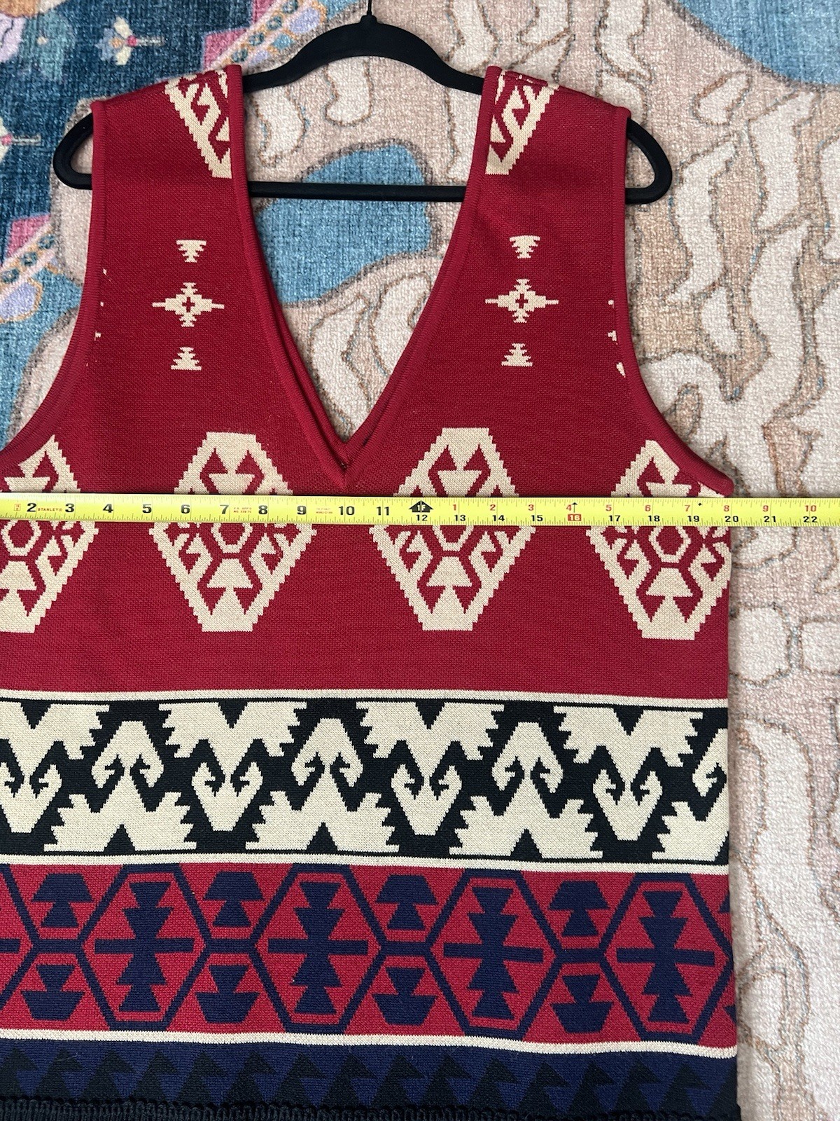 ANDREA JOVINE Vtg 80s Wool Aztec Blanket Fringe Sleeveless Sweater Dress Sz M