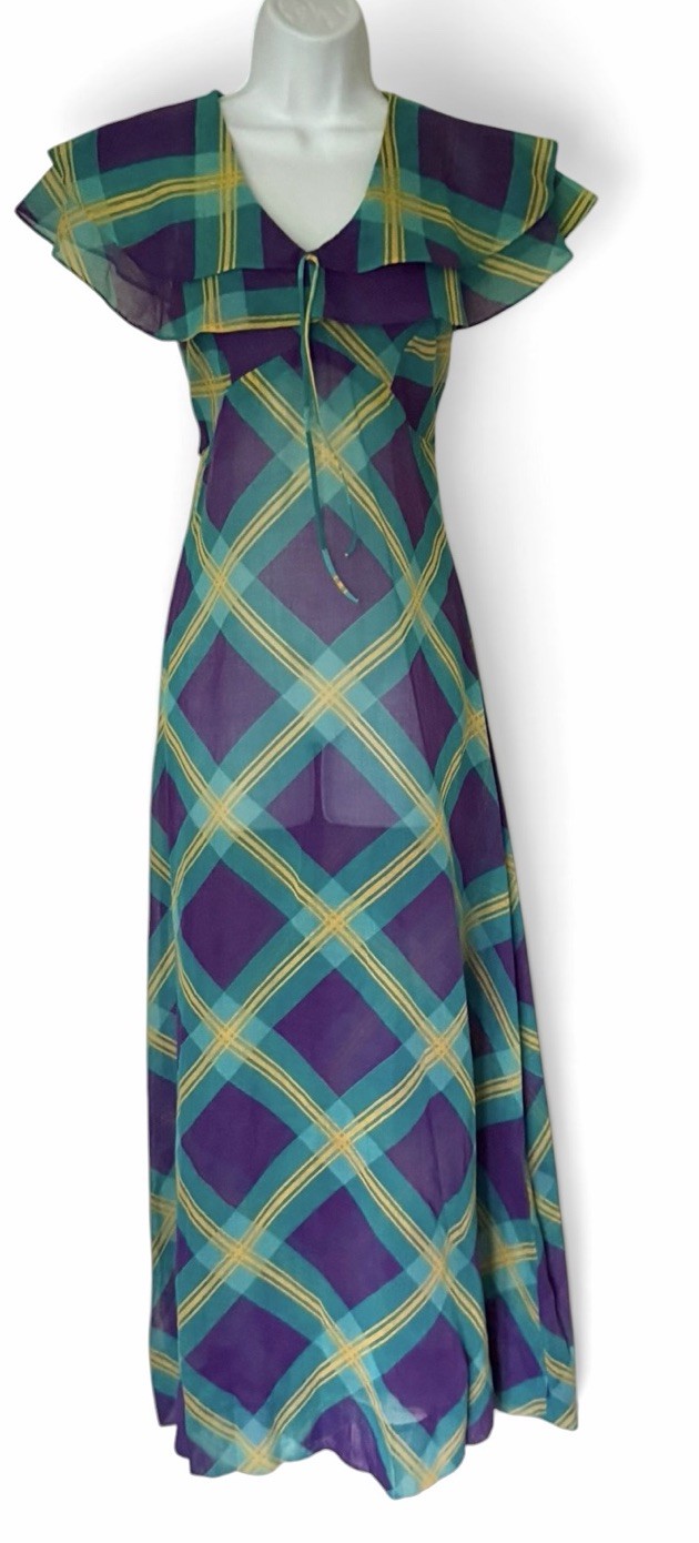 Vtg 1970s Cape Collar Plaid Midi Dress XS Short Sleeve Sheer Flare Skirt Tie Bow