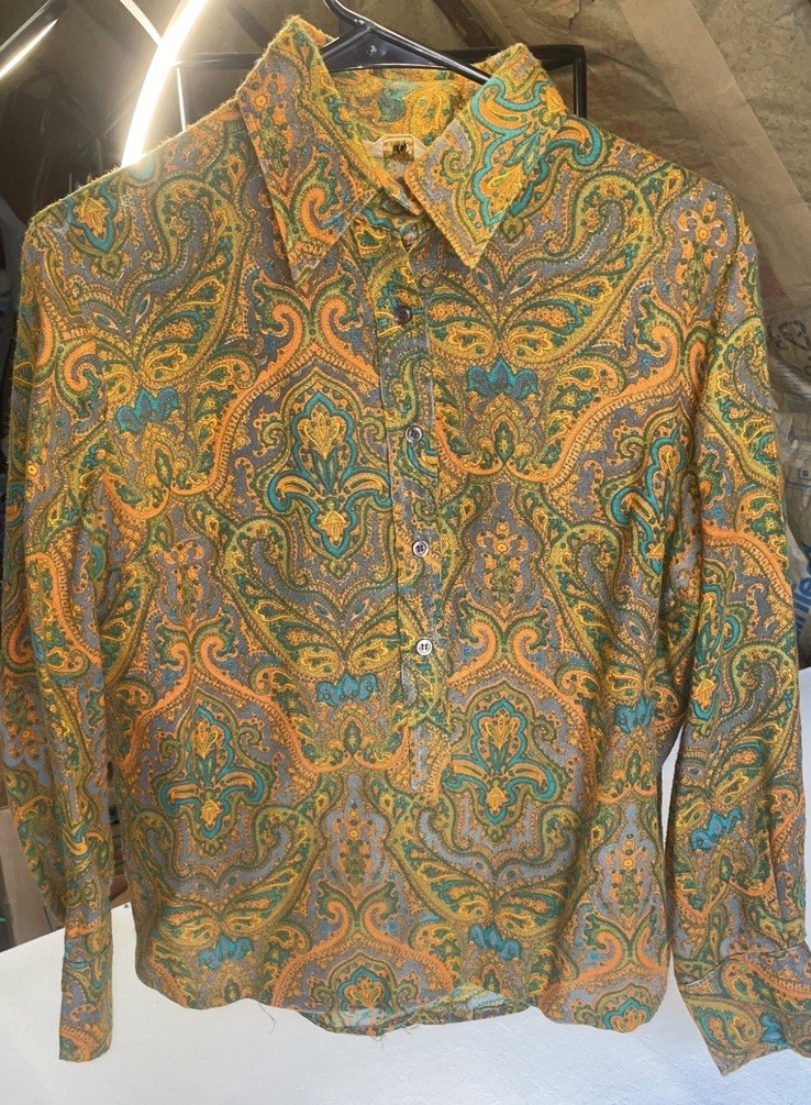 VINTAGE 50s 60s Collar Button Shirt Rockabilly Paisley Hippy Boho S Psychedelic