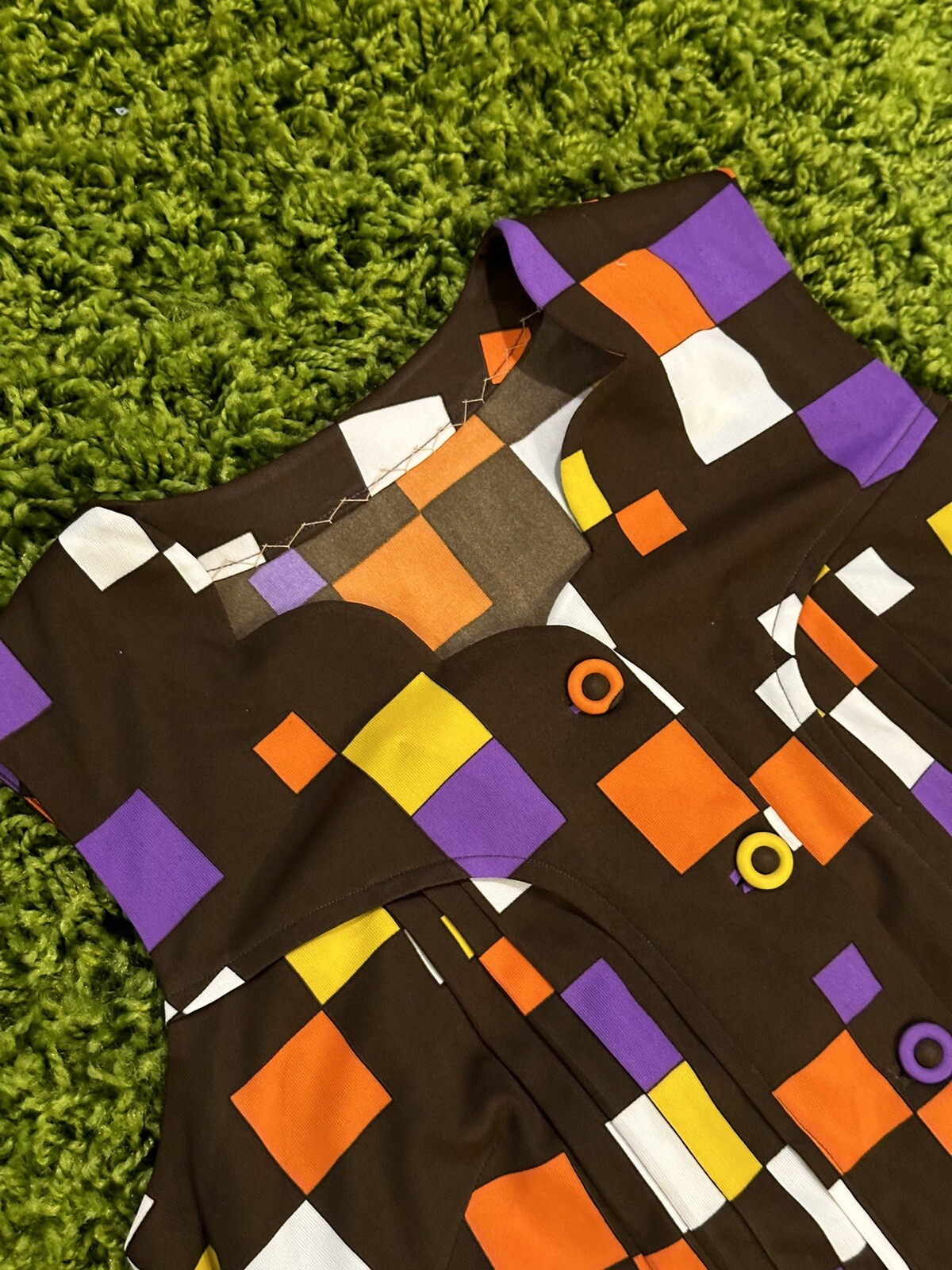 vintage 60s 70s brown, purple, orange, yellow & white button up tank top blouse